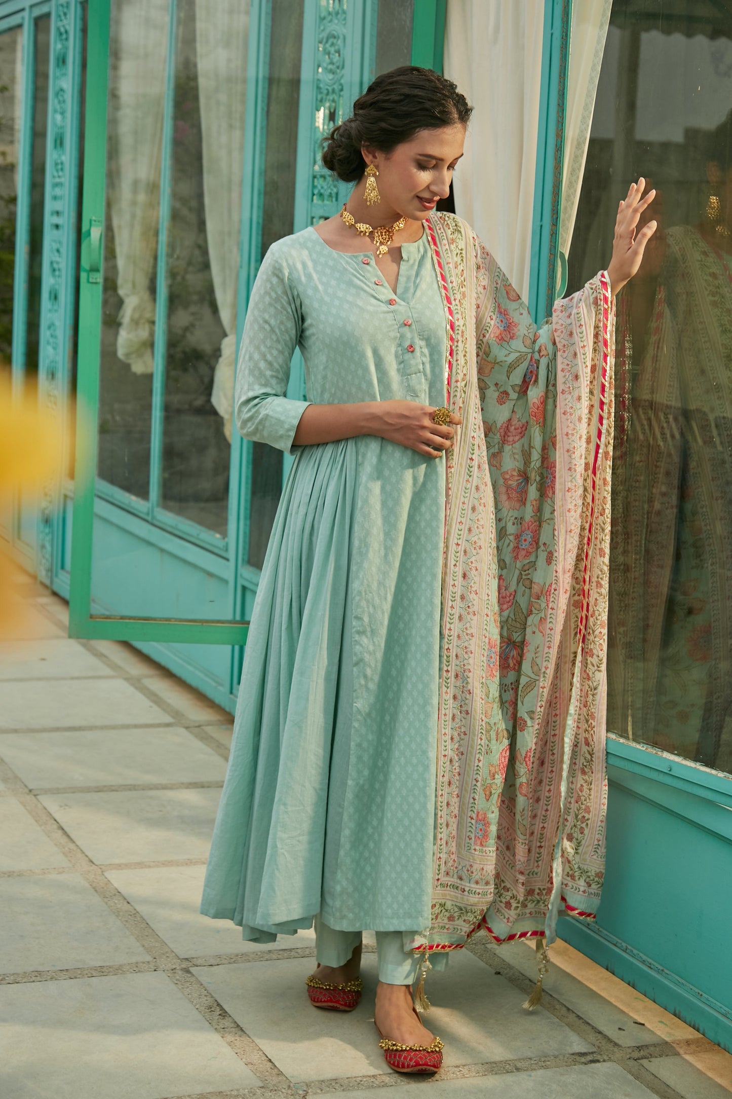 Aqua Marine side gathered Anarkali with Palazzo and Printed Dupatta- set of 3