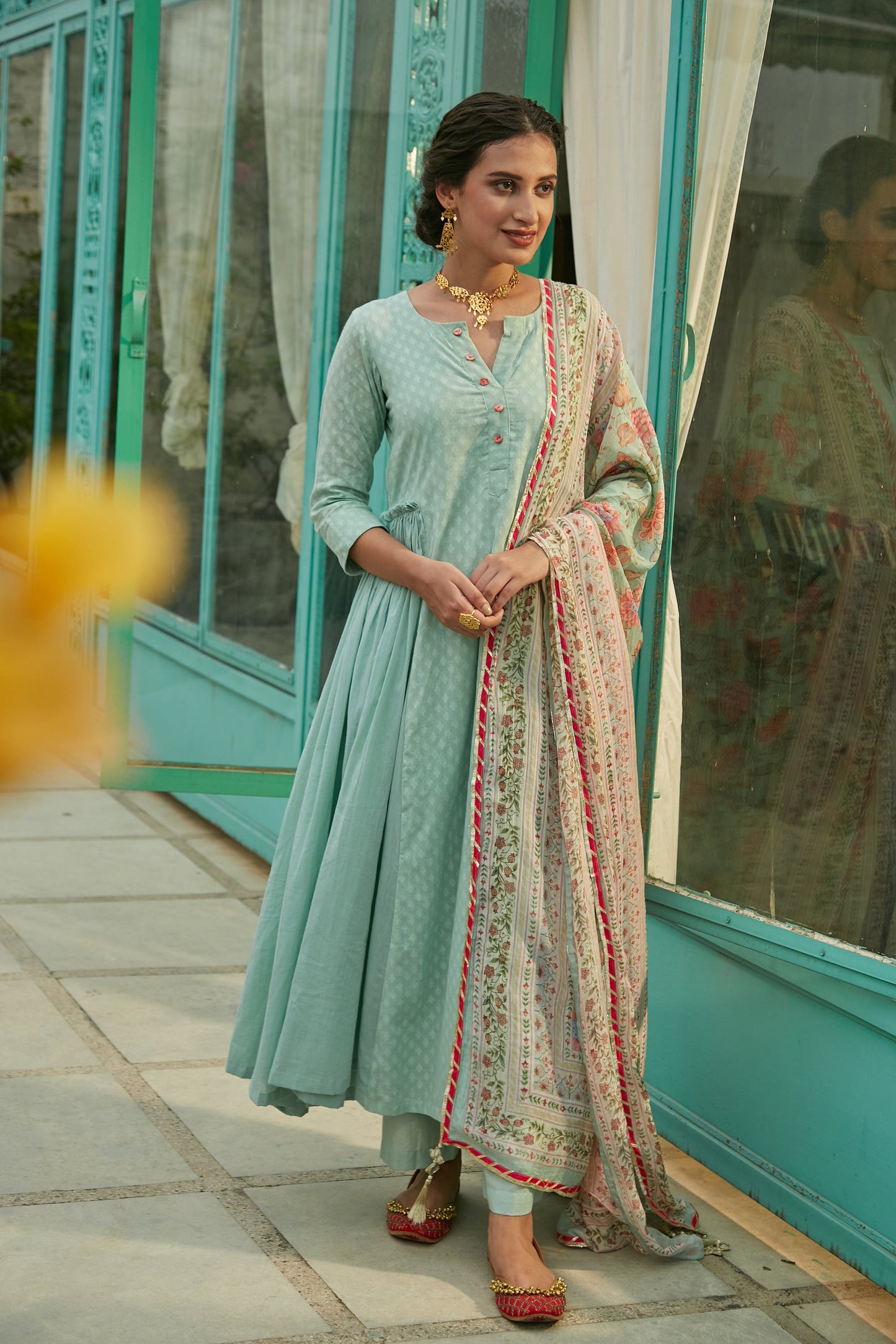 Aqua Marine side gathered Anarkali with Palazzo and Printed Dupatta- set of 3