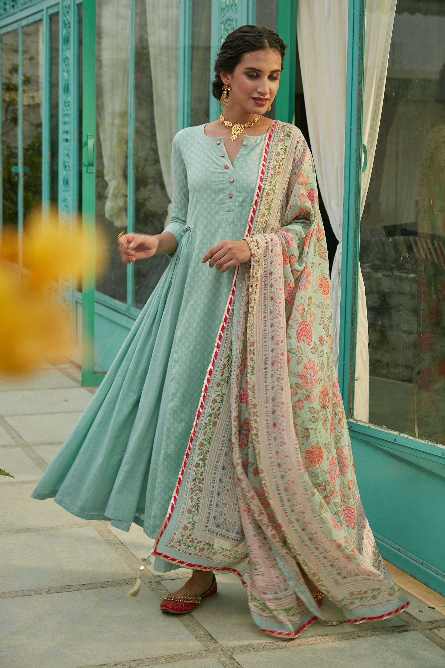 Aqua Marine side gathered Anarkali with Palazzo and Printed Dupatta- set of 3