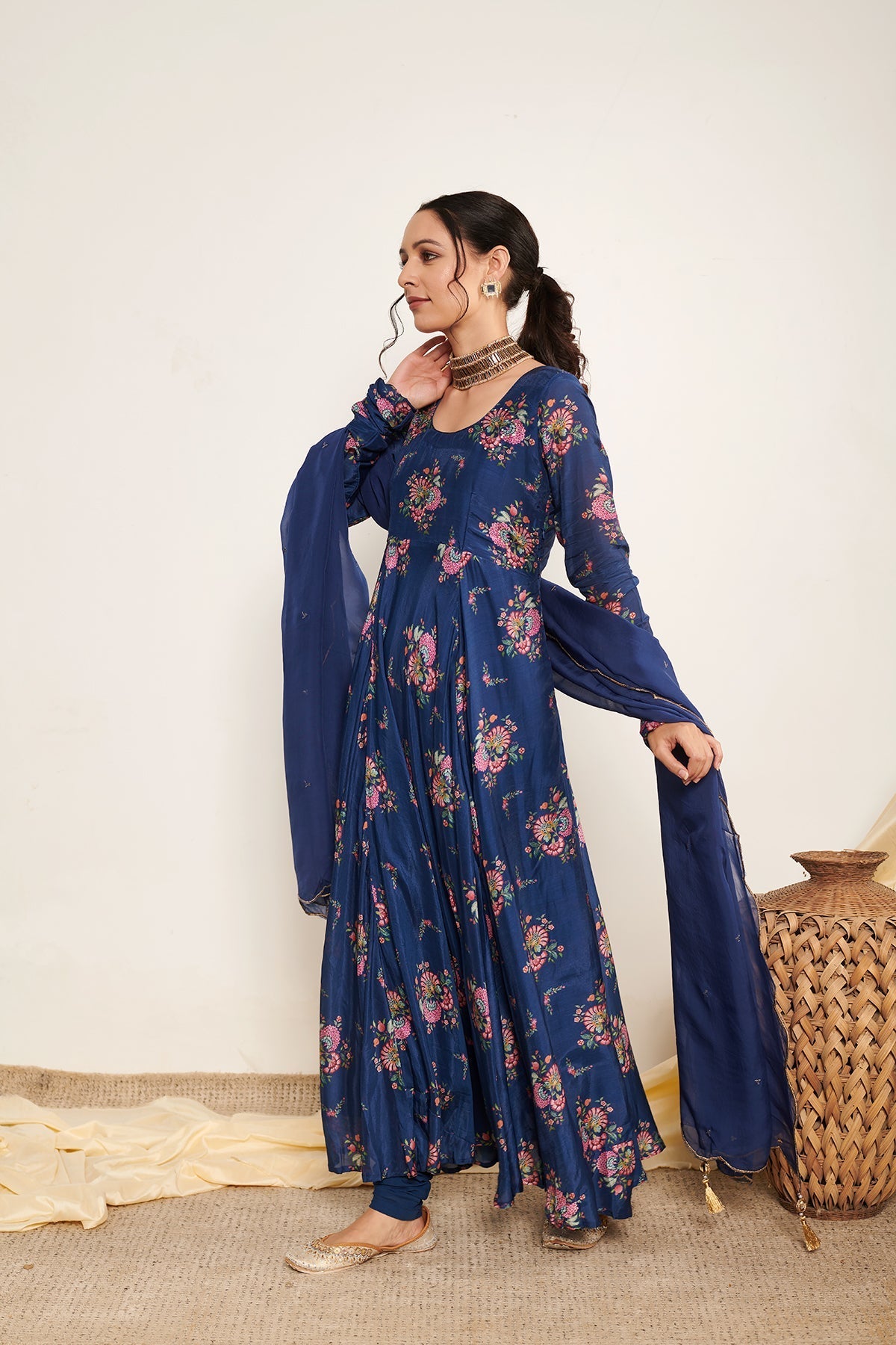 Blue Bahaar printed Anarkali with Chooridar and Dupatta- Set of 3