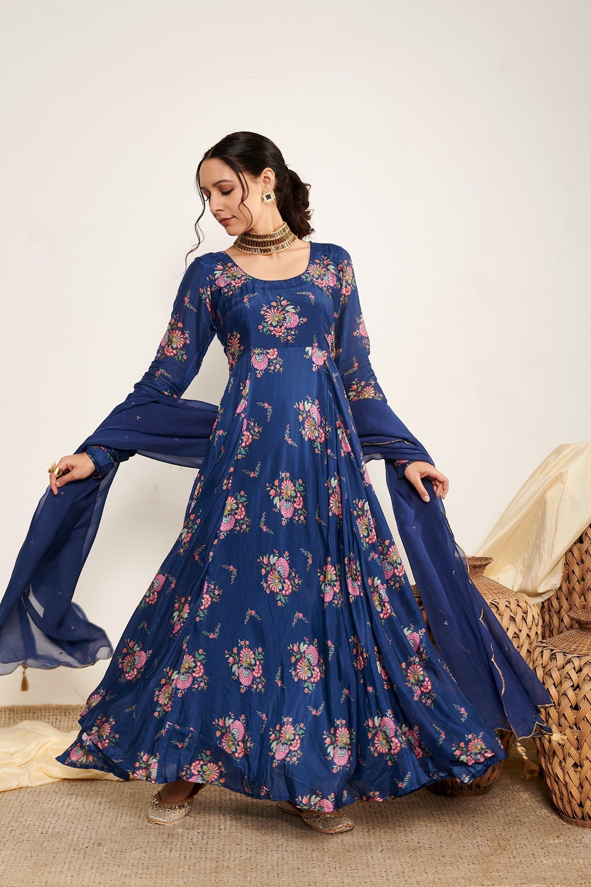 Blue Bahaar printed Anarkali with Chooridar and Dupatta- Set of 3