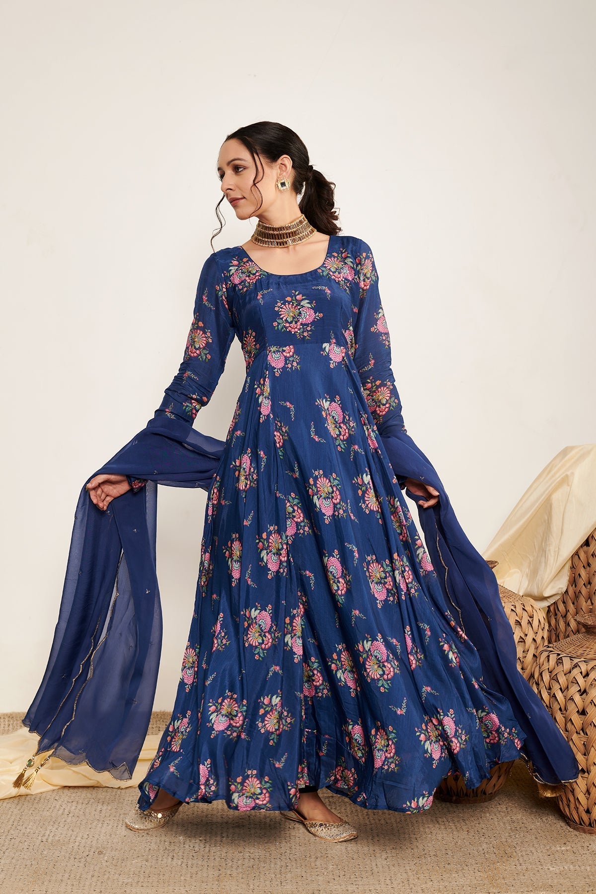 Blue Bahaar printed Anarkali with Chooridar and Dupatta- Set of 3
