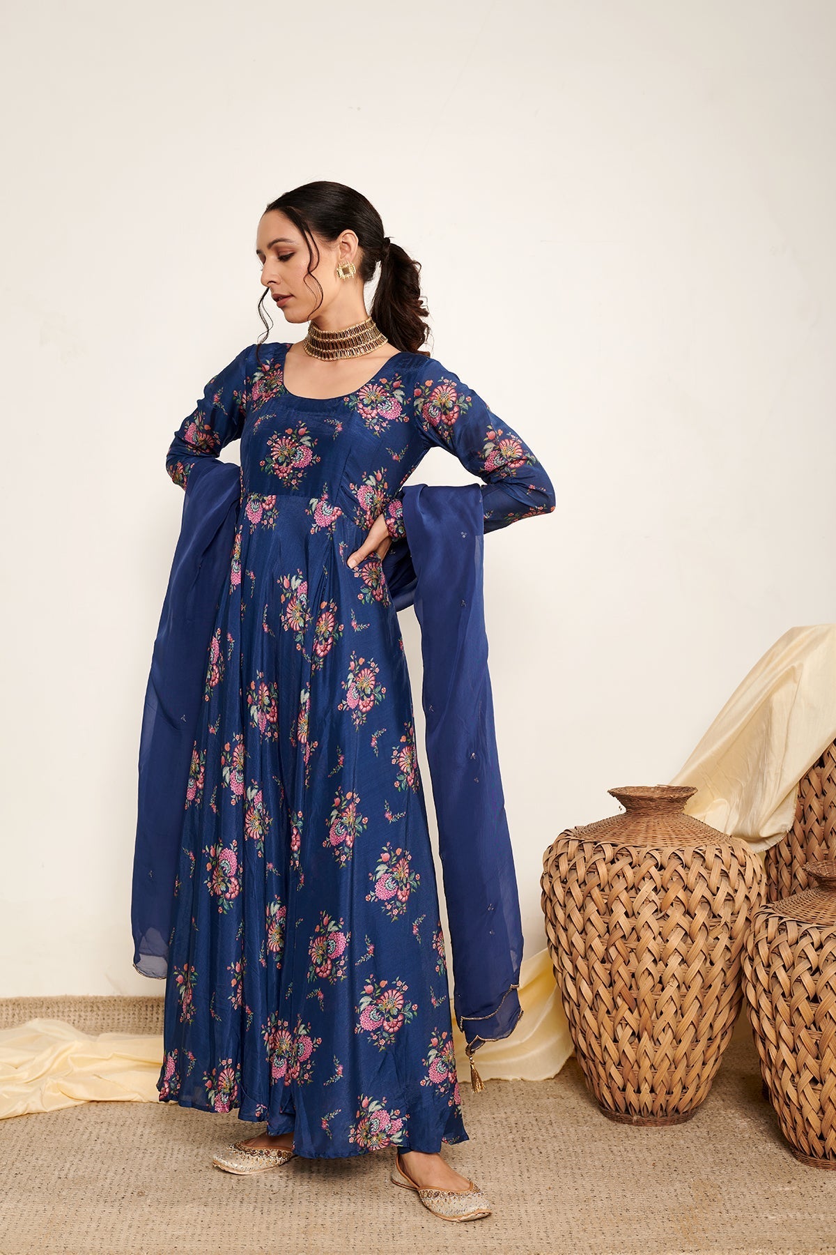 Blue Bahaar printed Anarkali with Chooridar and Dupatta- Set of 3