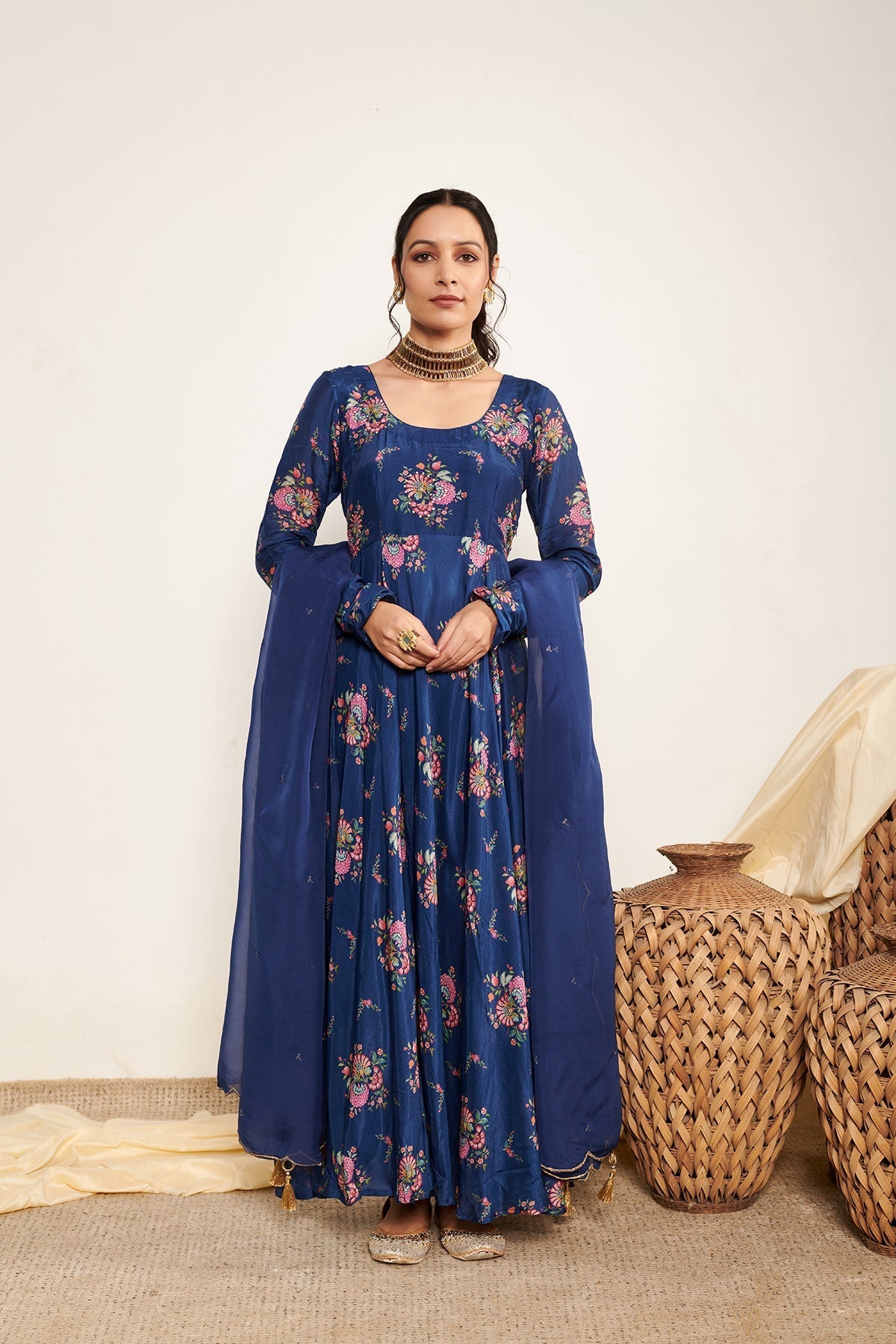Blue Bahaar printed Anarkali with Chooridar and Dupatta- Set of 3