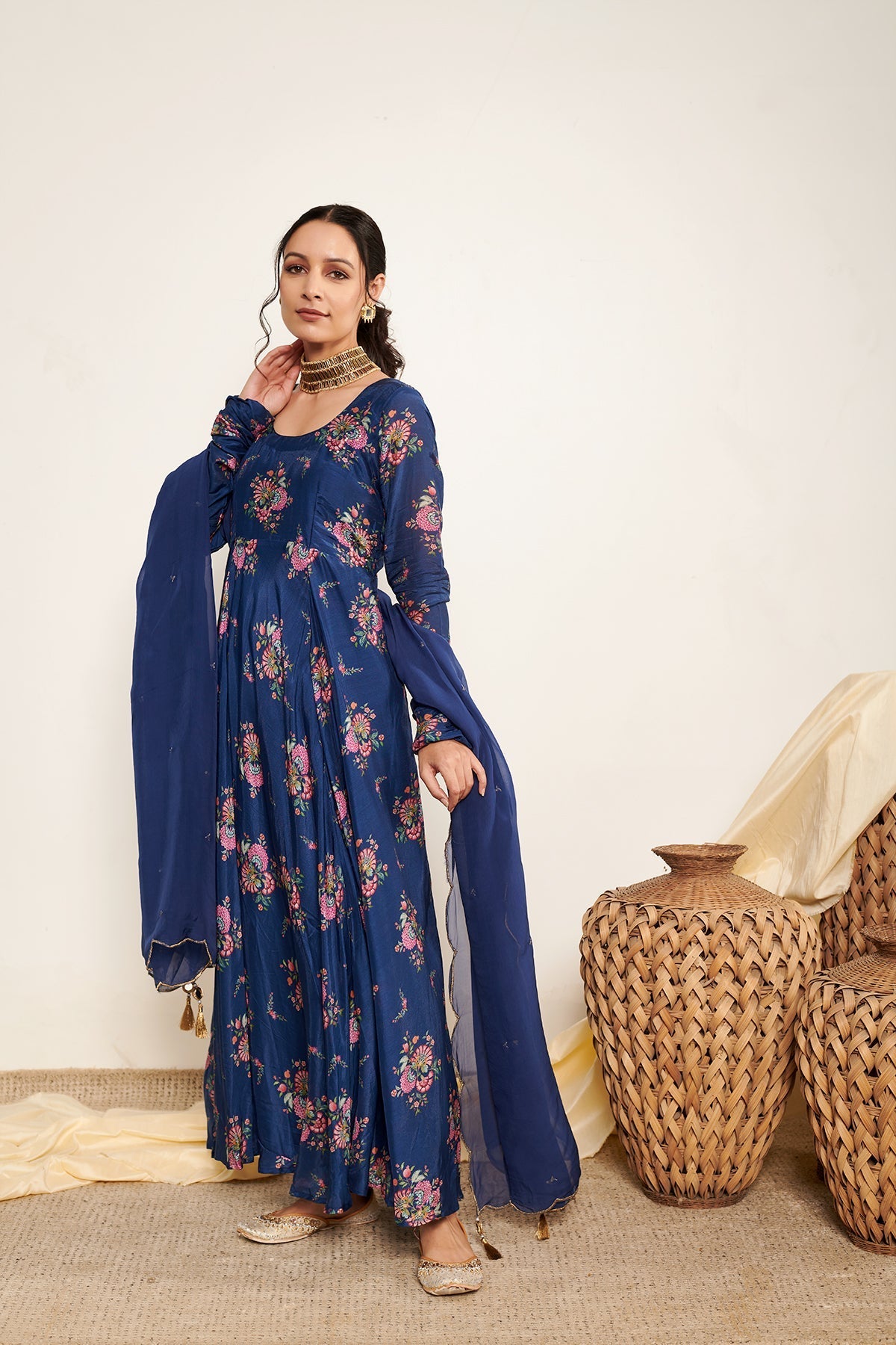 Blue Bahaar printed Anarkali with Chooridar and Dupatta- Set of 3