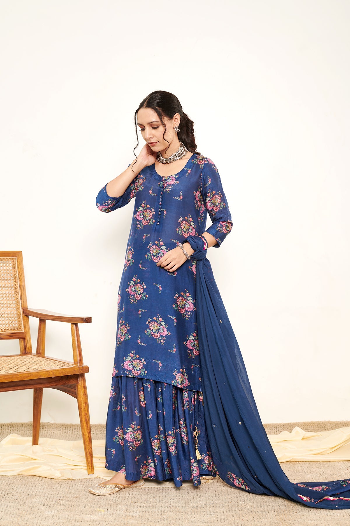 Bahaar Blue Printed Short kurta with Sharara and Dupatta- Set of 3