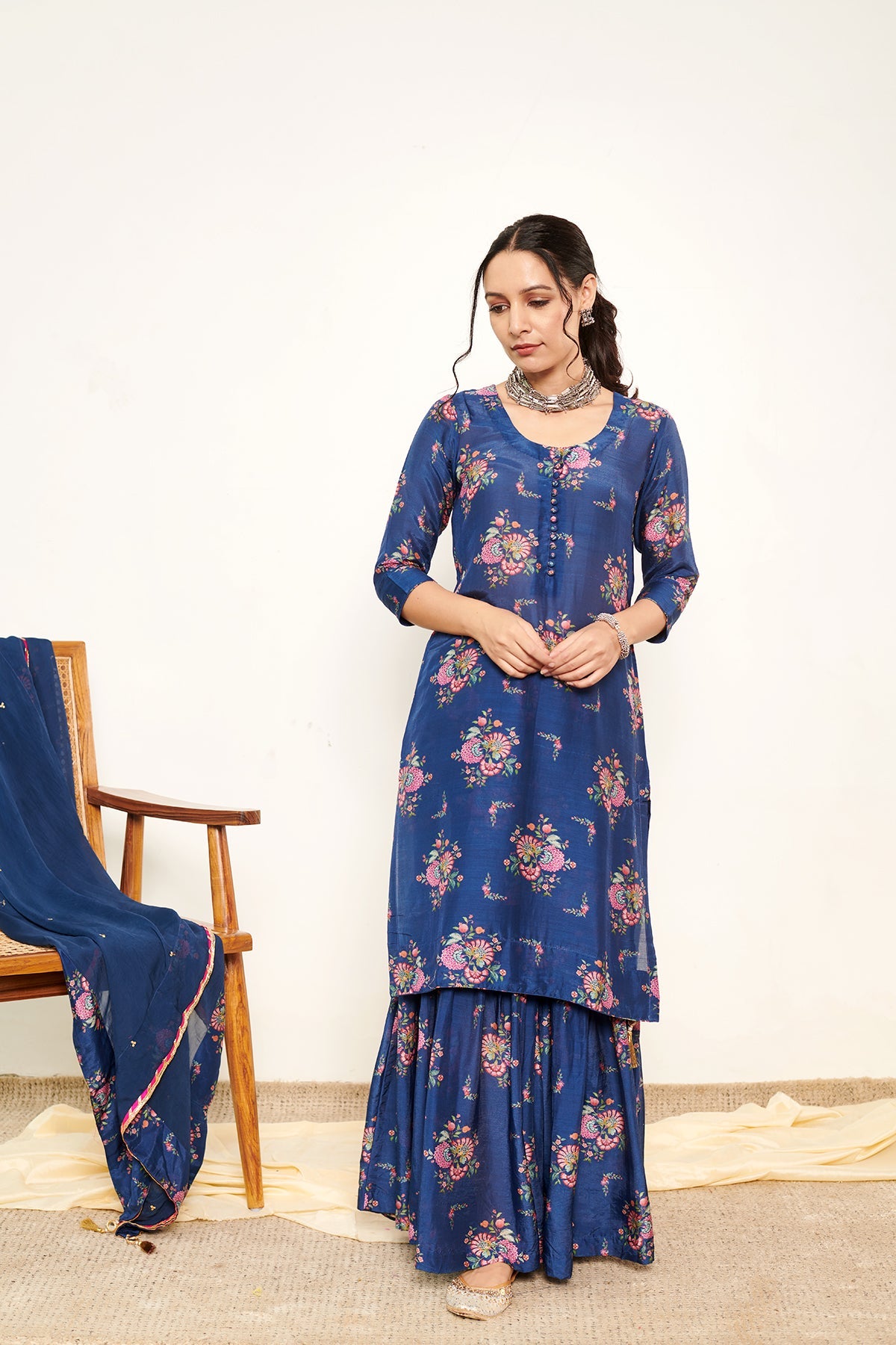 Bahaar Blue Printed Short kurta with Sharara and Dupatta- Set of 3