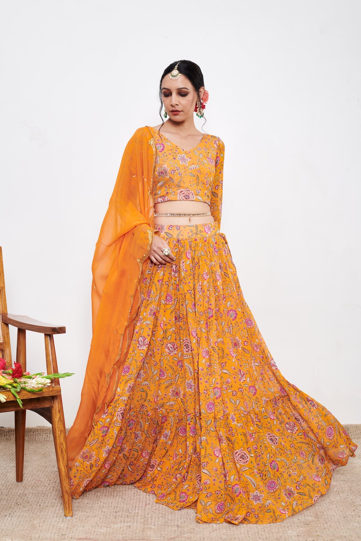 Raag Orange White Floral print Lehenga with Floral print Blouse and Dupatta - Set of 3