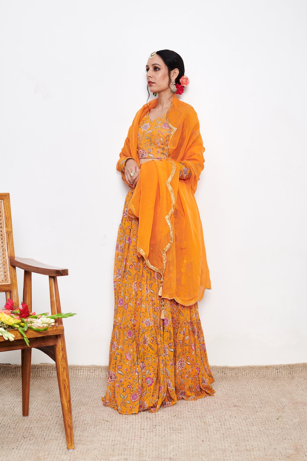 Raag Orange White Floral print Lehenga with Floral print Blouse and Dupatta - Set of 3
