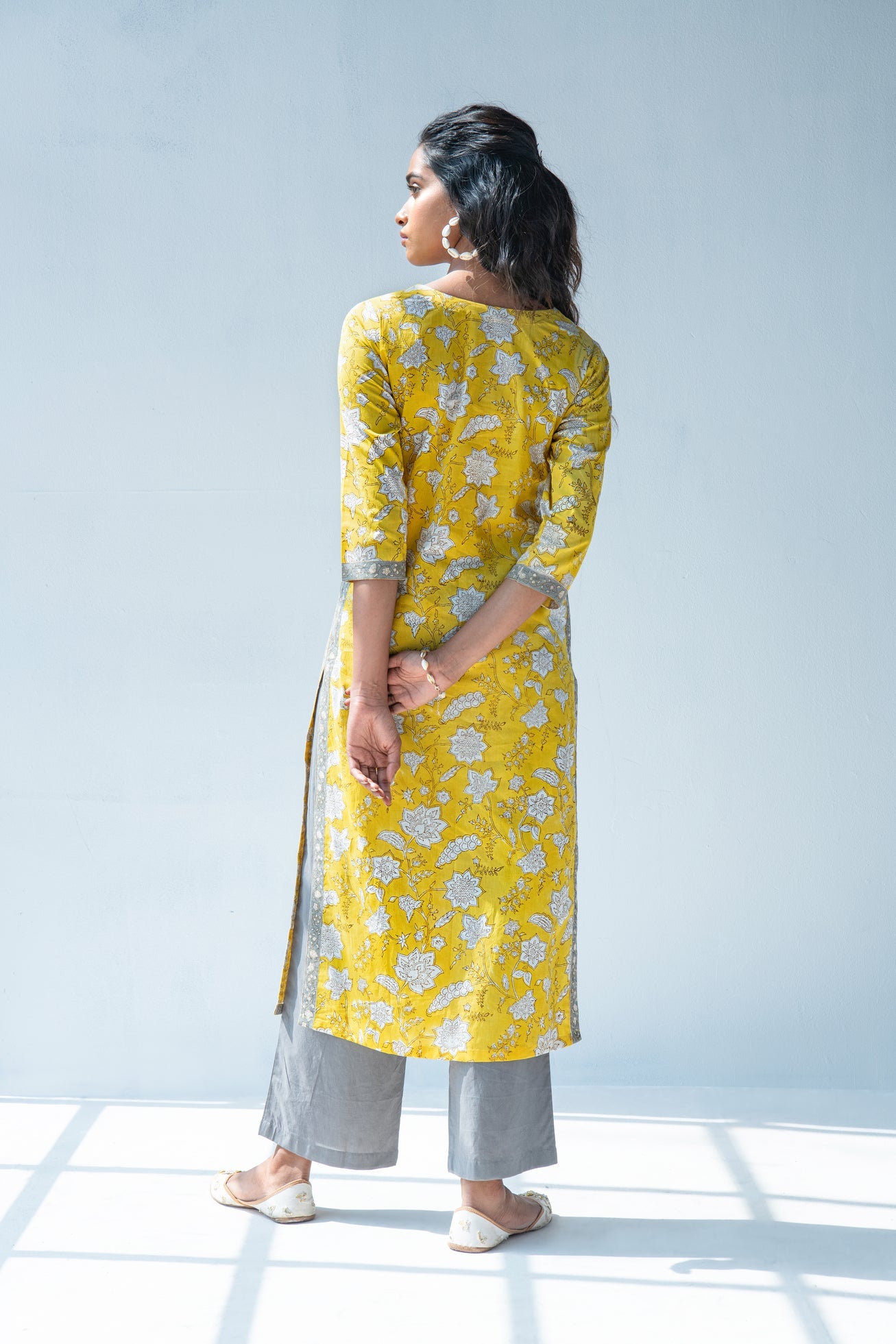 Yellow hand block print kurta with grey palazzo