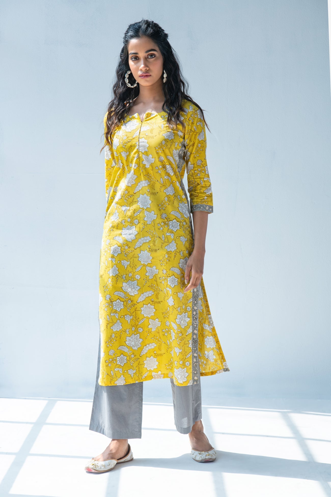 Yellow hand block print kurta with grey palazzo