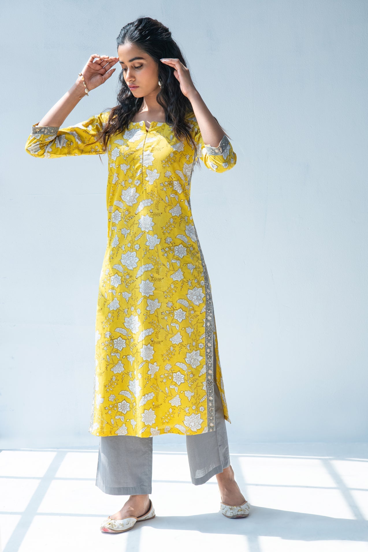 Yellow hand block print kurta with grey palazzo