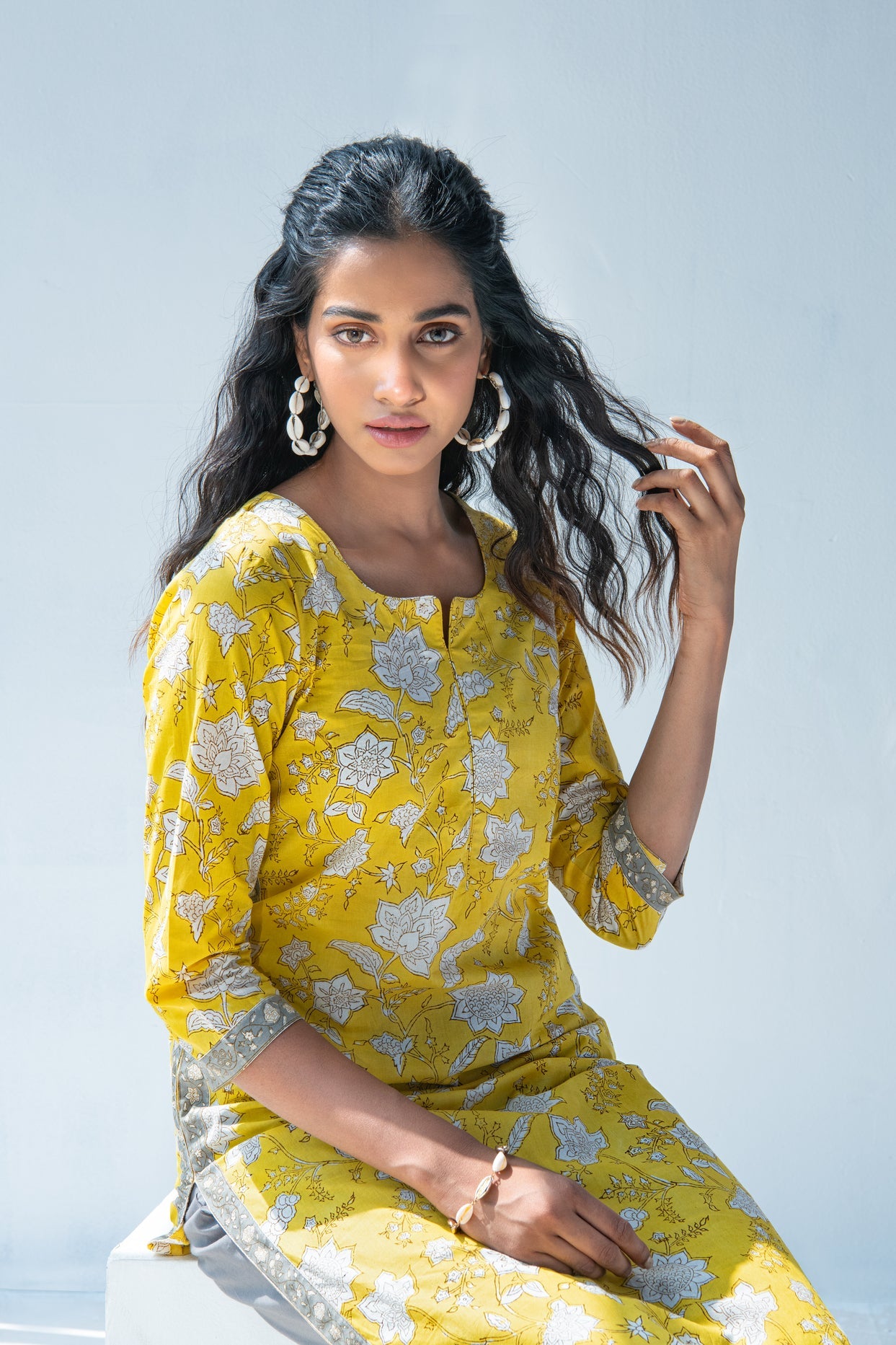 Yellow hand block print kurta with grey palazzo