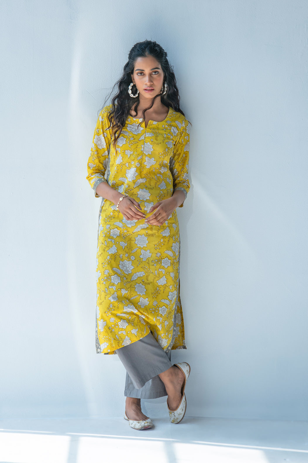 Yellow hand block print kurta with grey palazzo