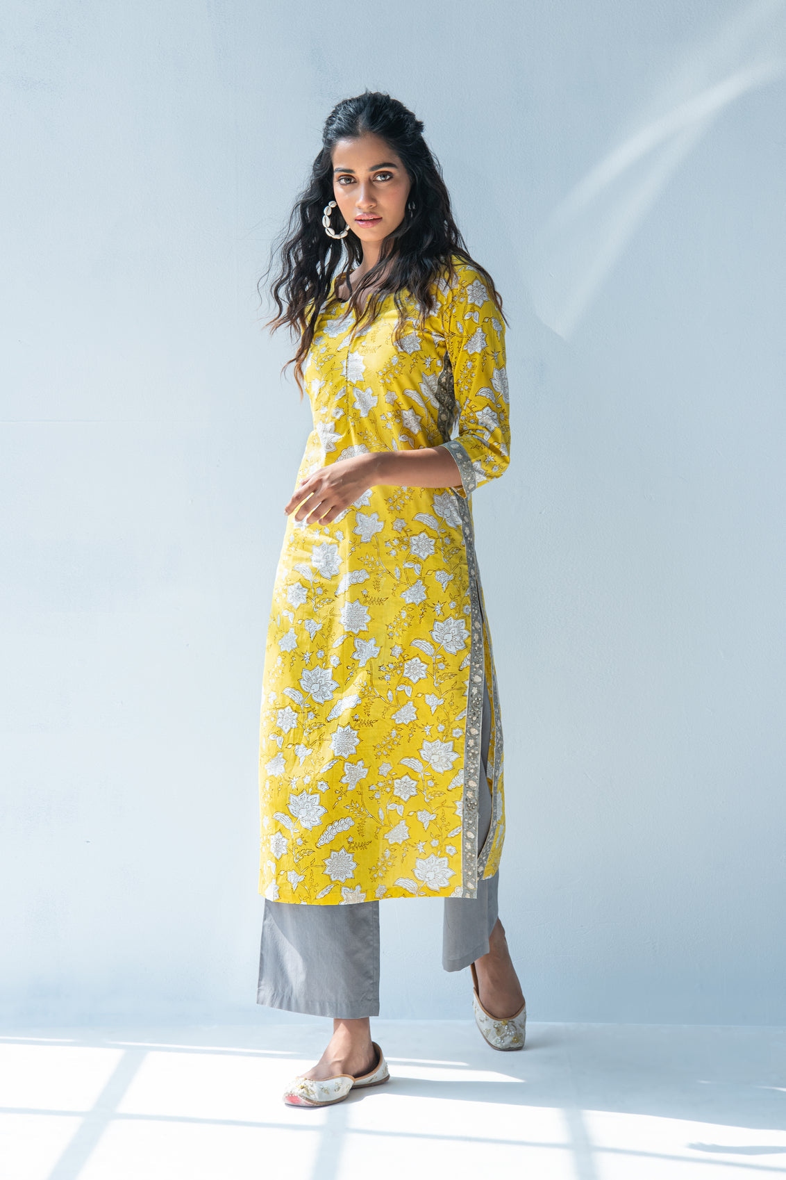 Yellow hand block print kurta with grey palazzo