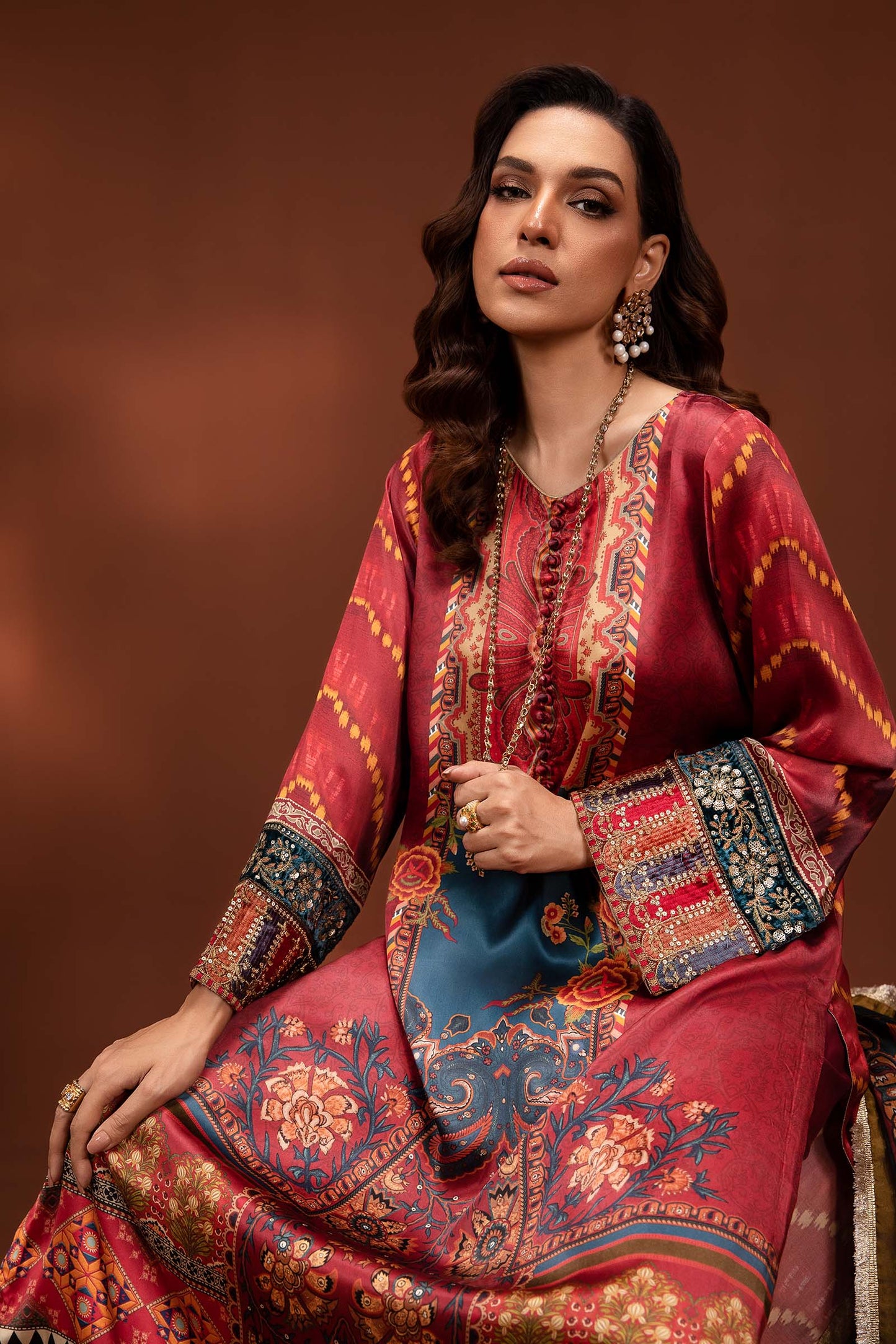 3 Piece Printed Pure Charmeuse Silk Suit