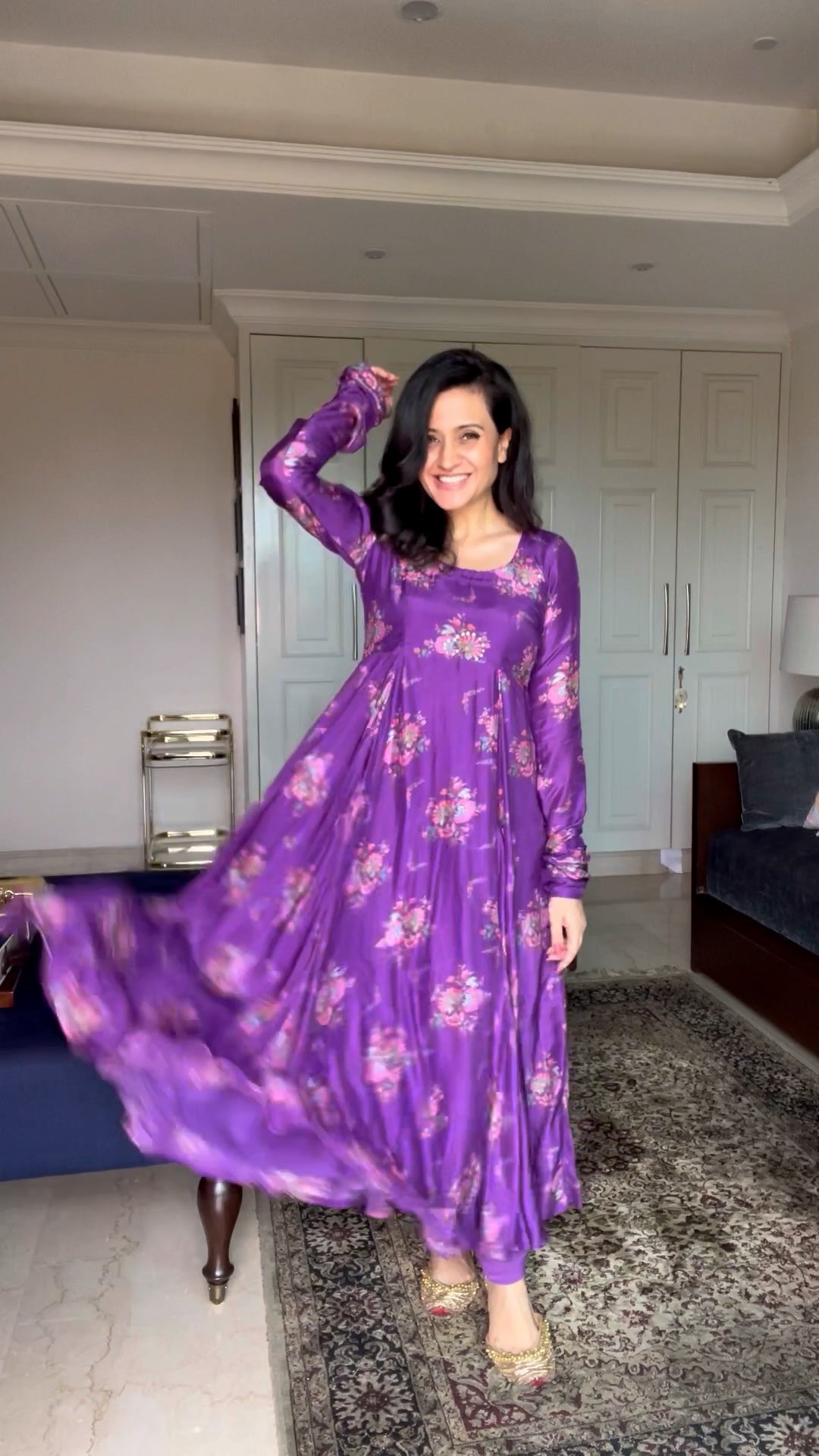 Mitali in our Bahaar Purple printed Anarkali with Chooridar and Dupatta- Set of 3