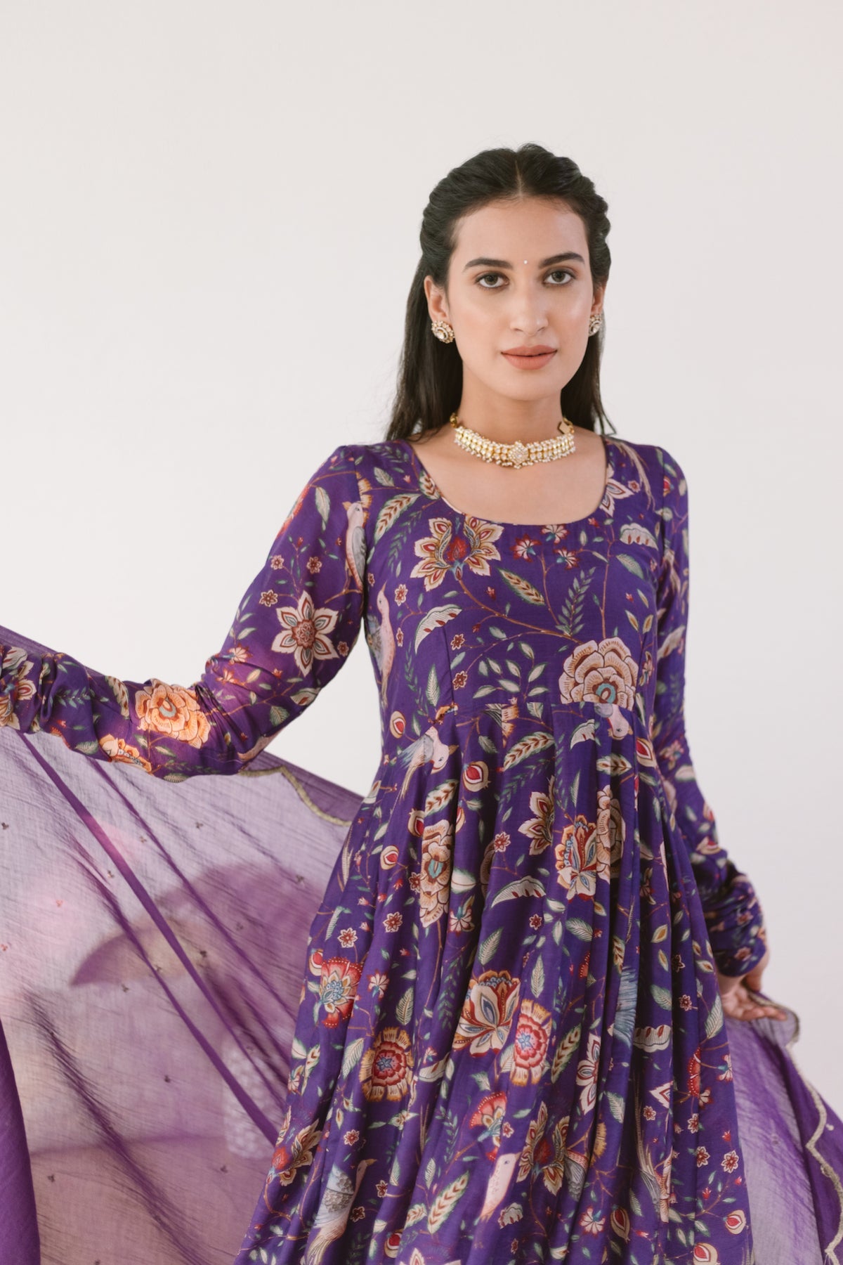 Purple printed Anarkali with Chooridar and Dupatta- set of 3