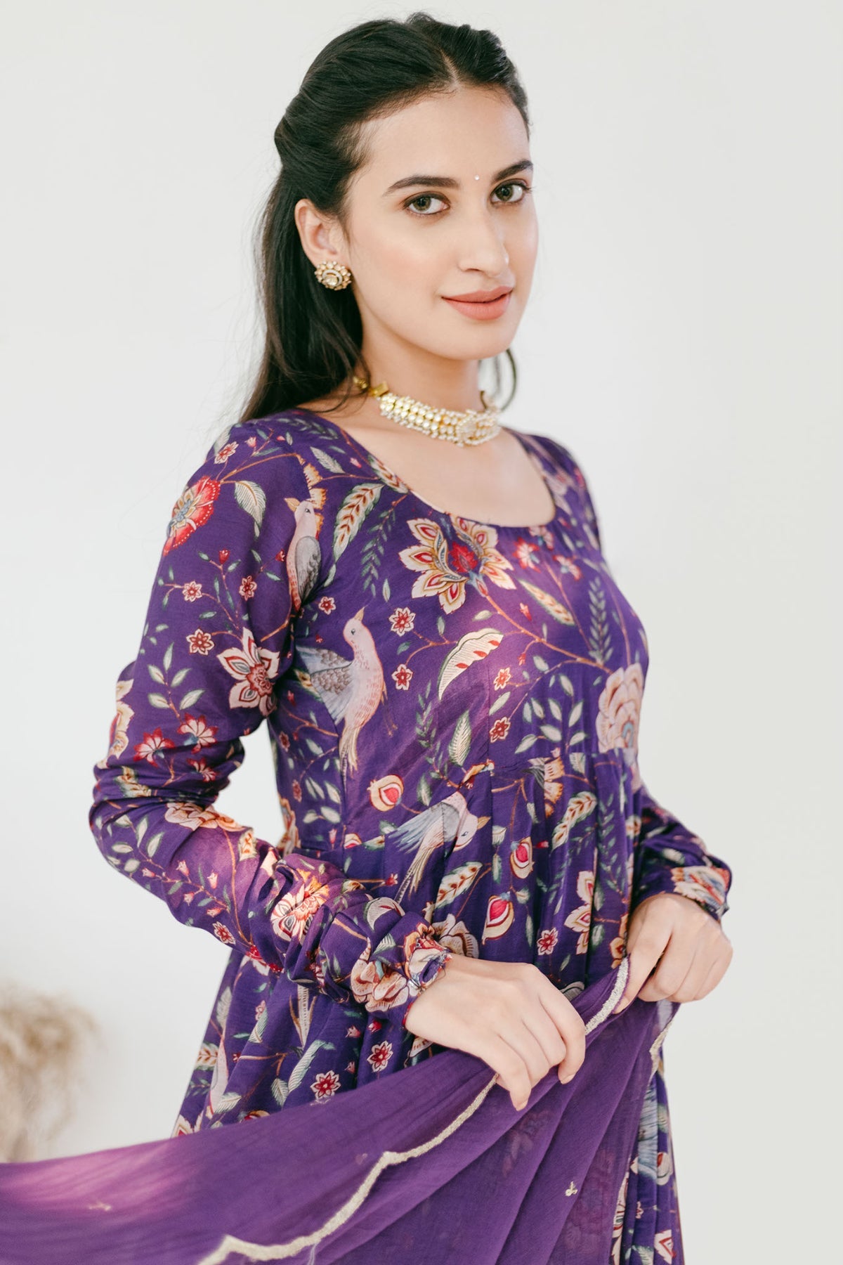 Purple printed Anarkali with Chooridar and Dupatta- set of 3
