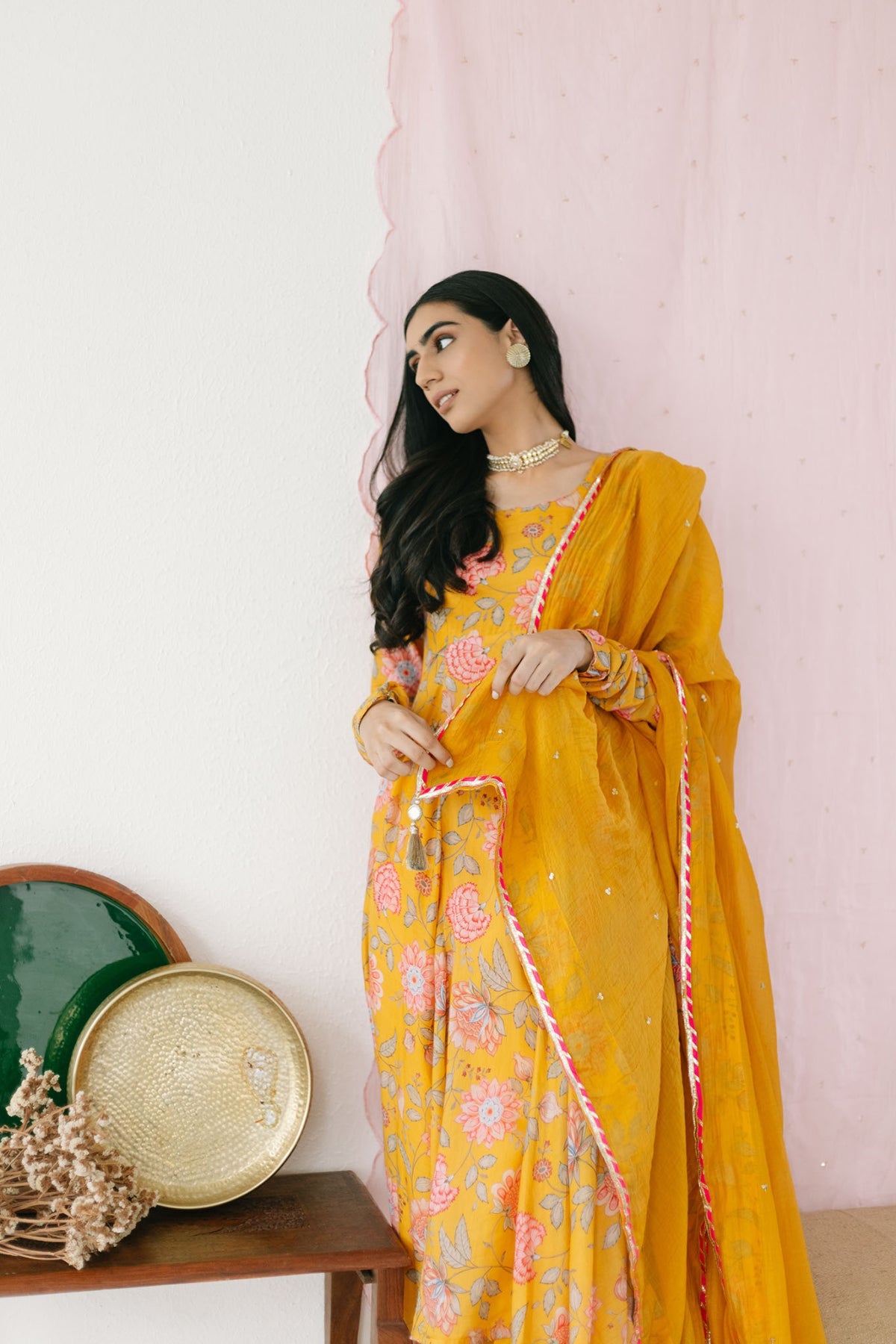 Bright Yellow printed Anarkali with Chooridar and Dupatta- set of 3