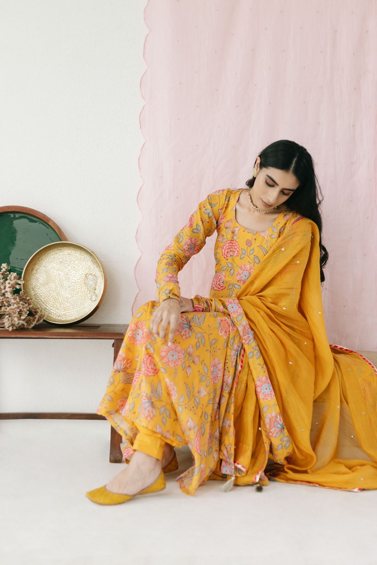 Bright Yellow printed Anarkali with Chooridar and Dupatta- set of 3