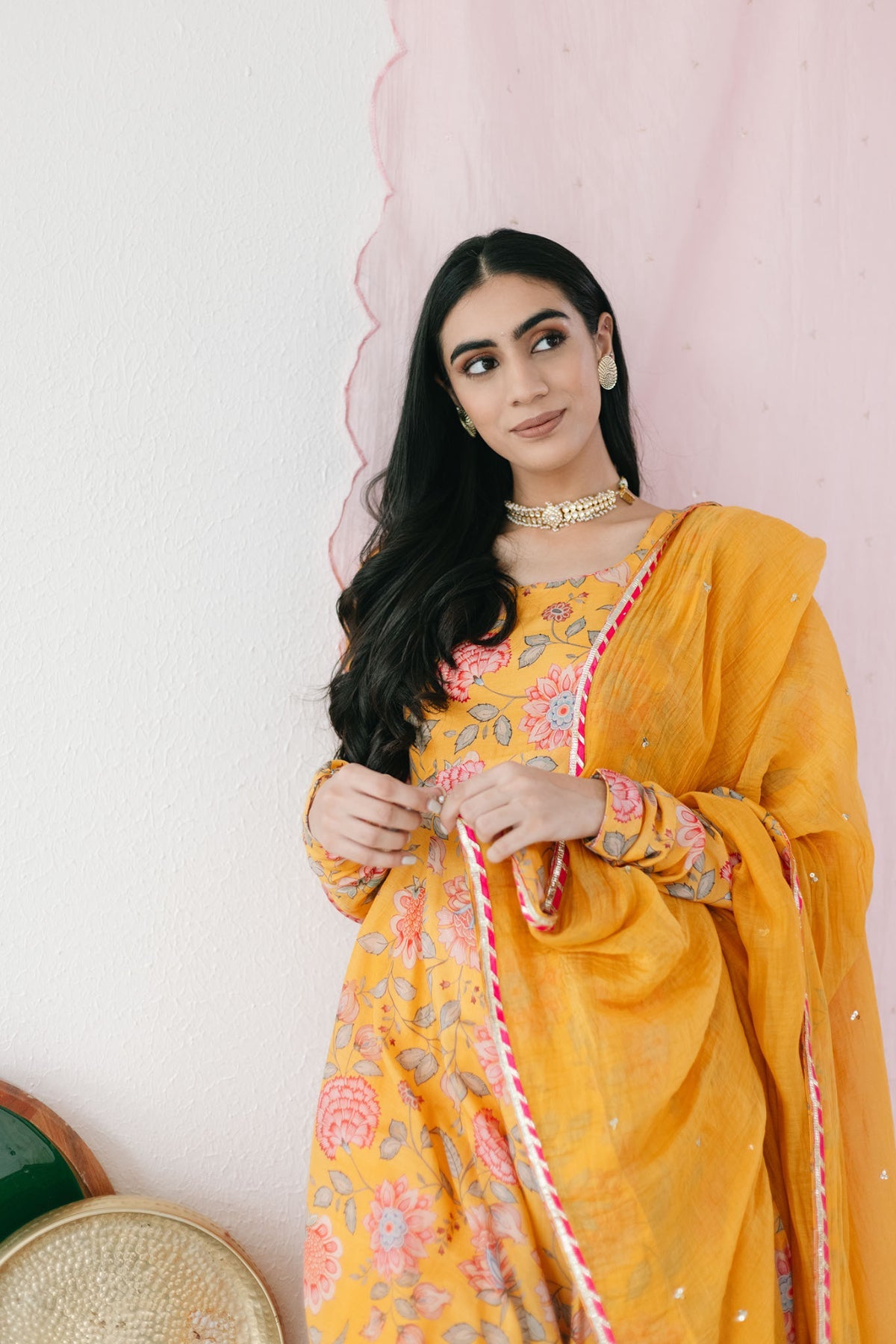 Bright Yellow printed Anarkali with Chooridar and Dupatta- set of 3
