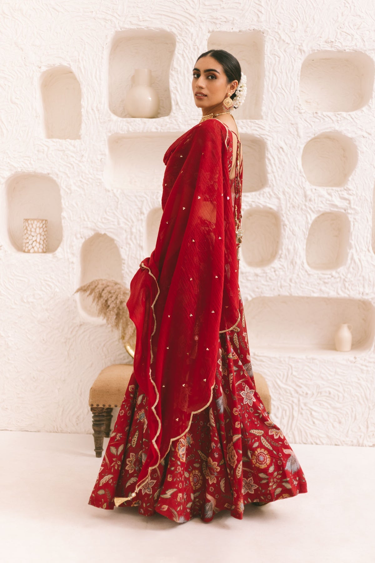 Deep Red Floral print Lehenga with Floral print Blouse and Dupatta - set of 3
