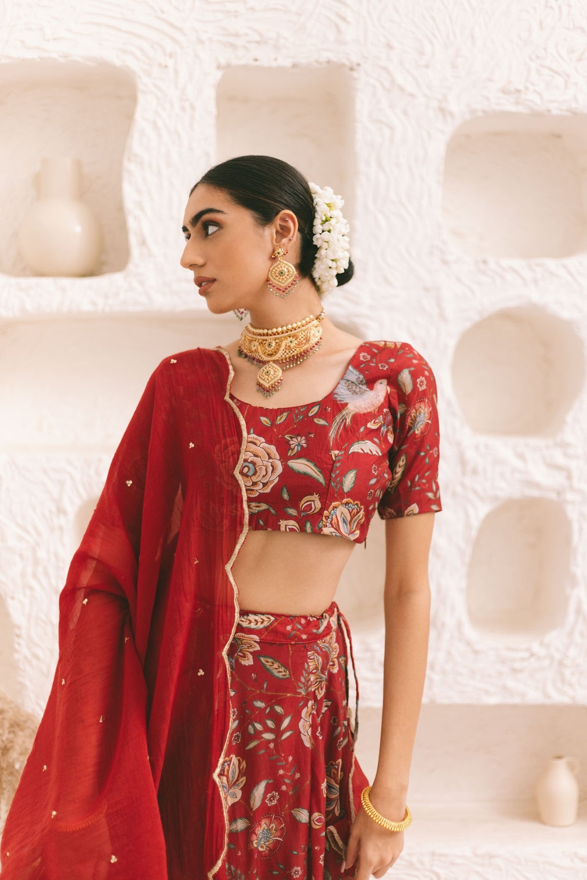 Deep Red Floral print Lehenga with Floral print Blouse and Dupatta - set of 3
