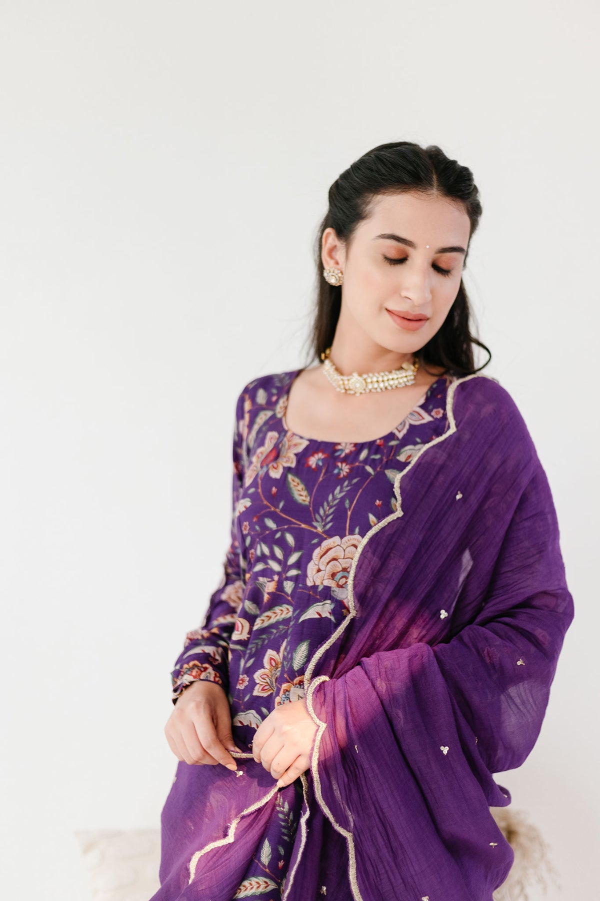 Purple printed Anarkali with Chooridar and Dupatta- set of 3