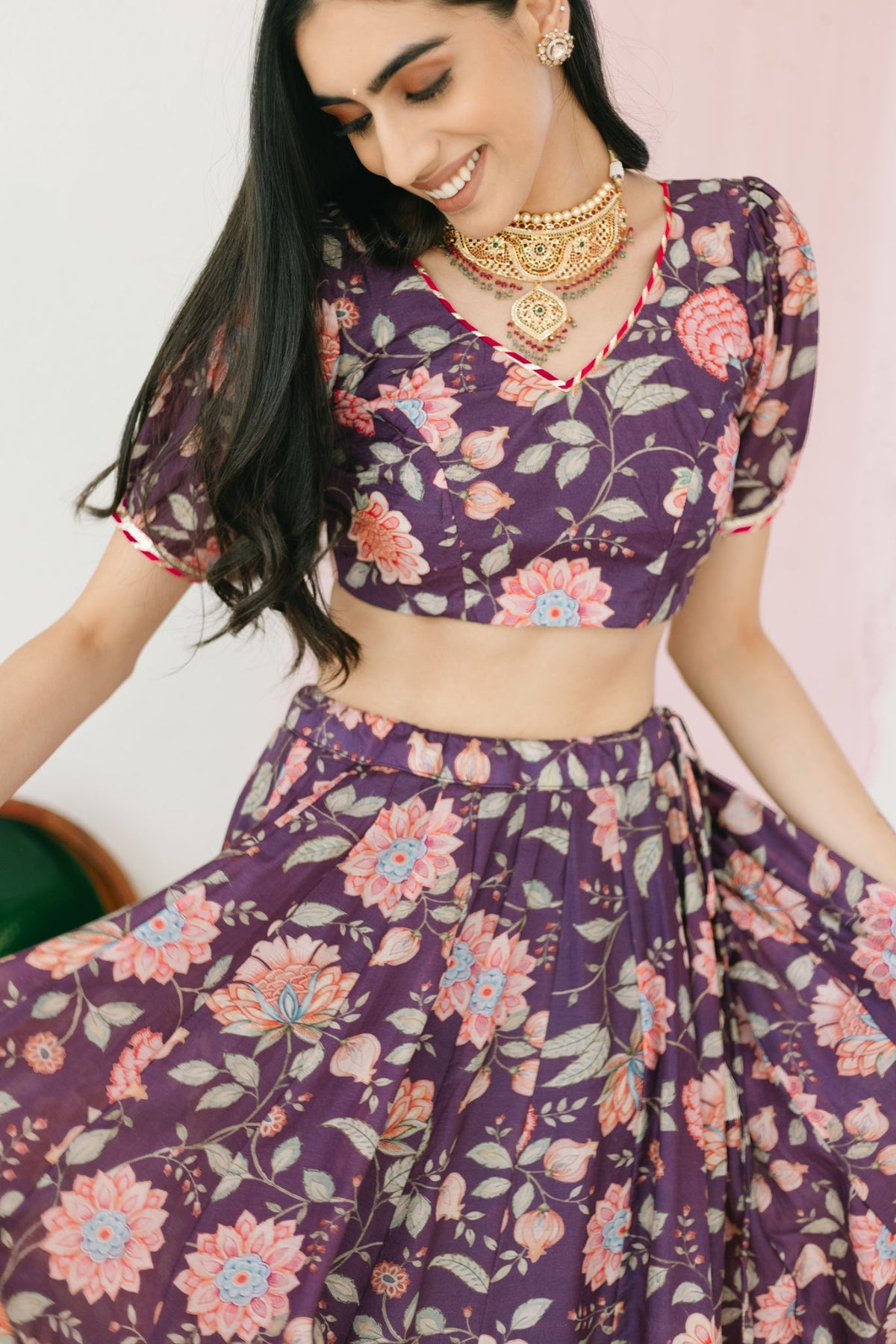Purple Floral print Lehenga with Floral print Blouse and Dupatta - set of 3