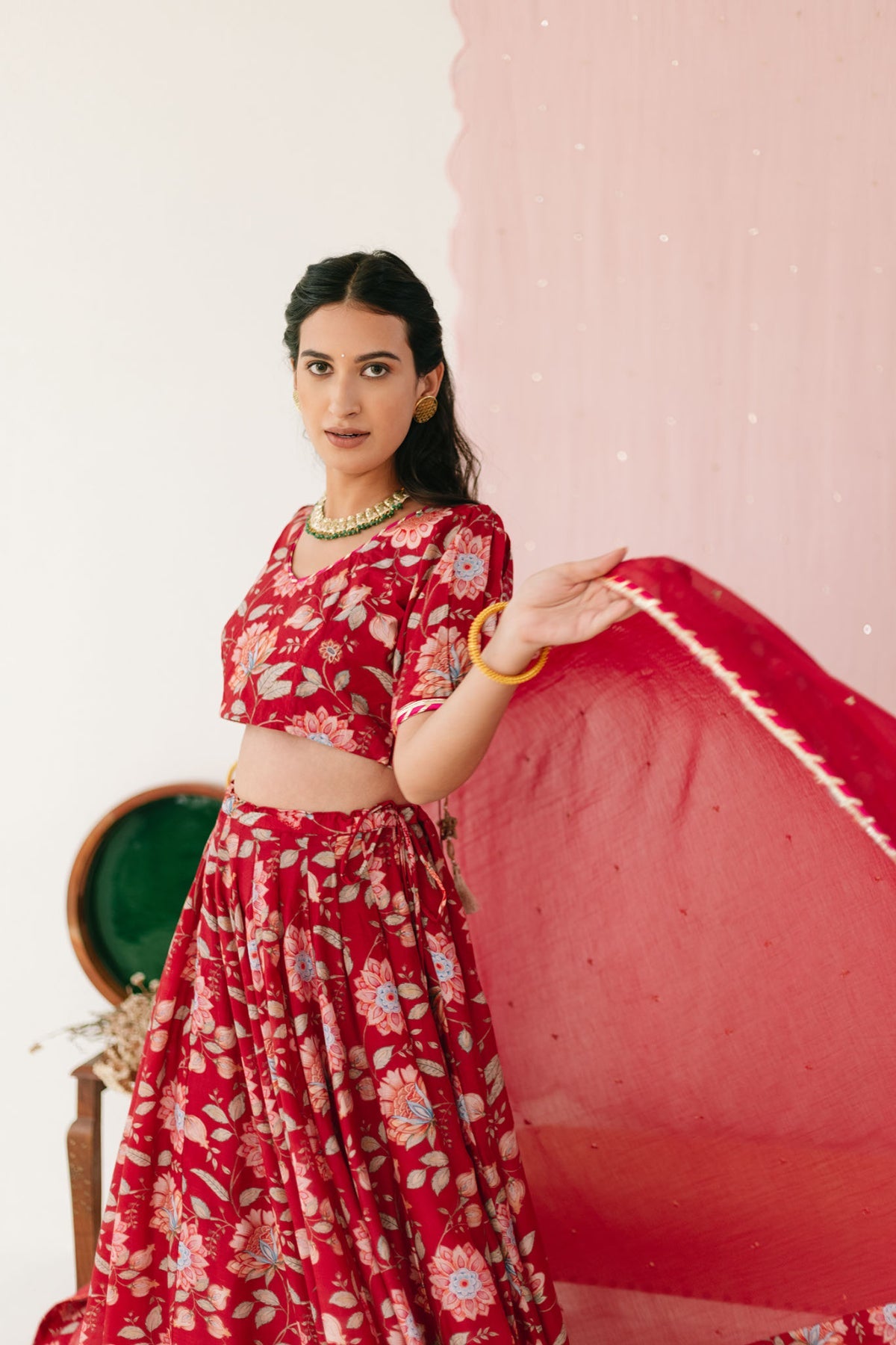 Red Floral print Lehenga with Floral print Blouse and Dupatta - set of 3