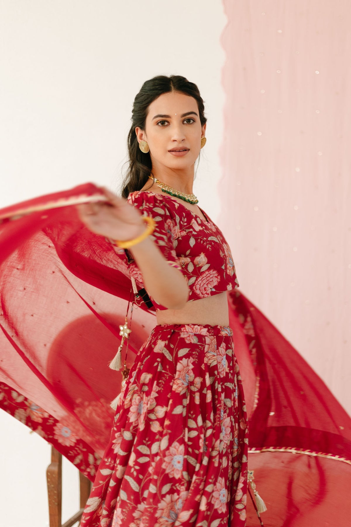 Red Floral print Lehenga with Floral print Blouse and Dupatta - set of 3