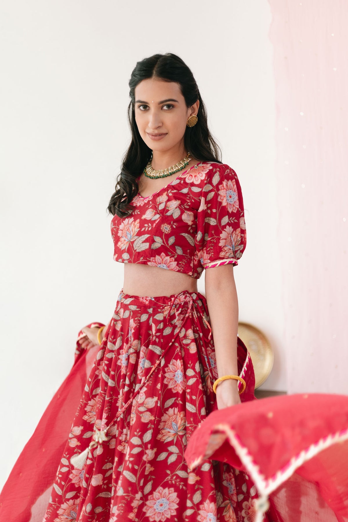 Red Floral print Lehenga with Floral print Blouse and Dupatta - set of 3