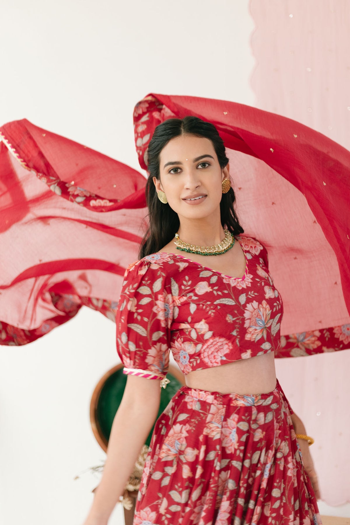 Red Floral print Lehenga with Floral print Blouse and Dupatta - set of 3