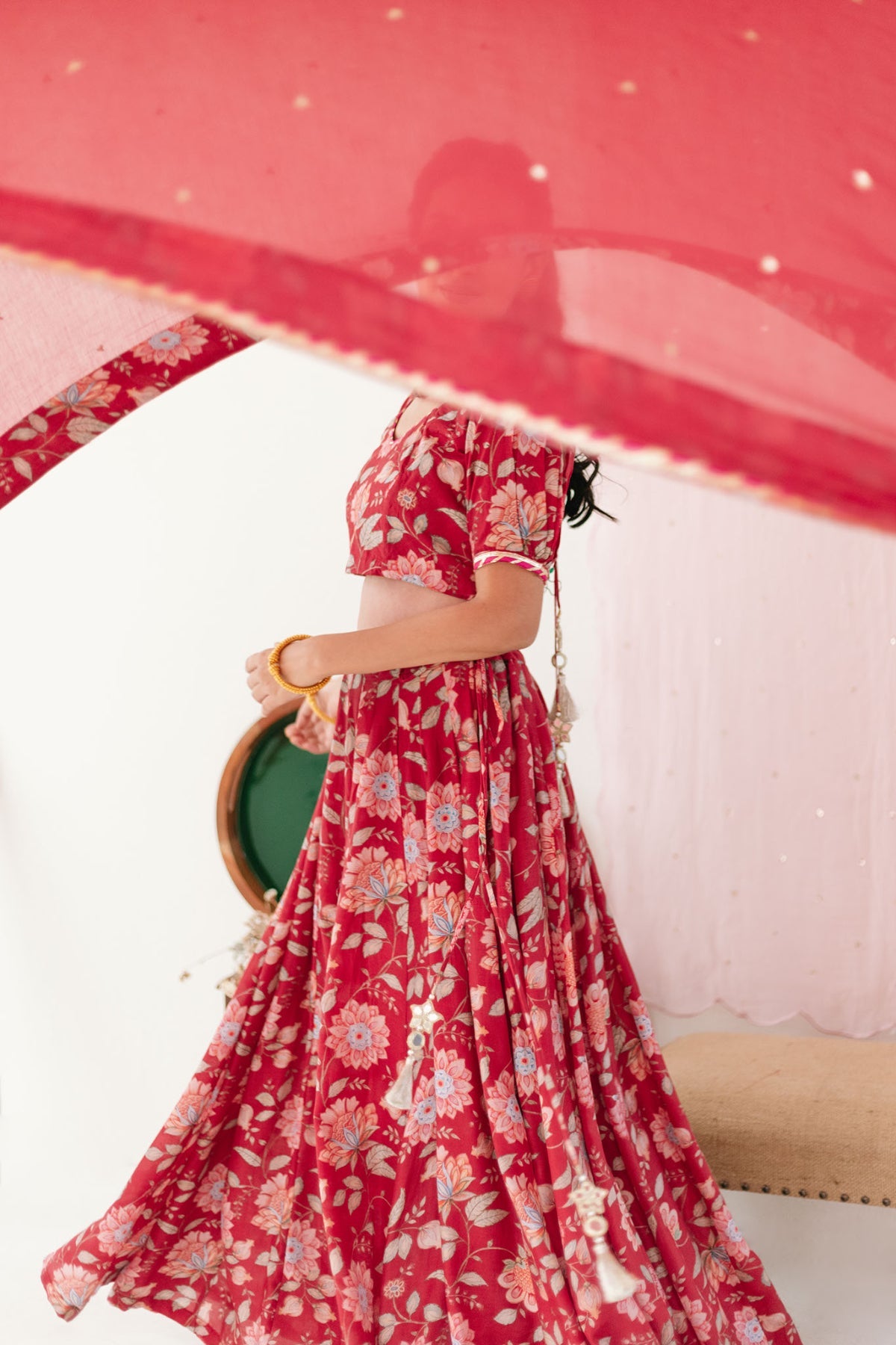 Red Floral print Lehenga with Floral print Blouse and Dupatta - set of 3