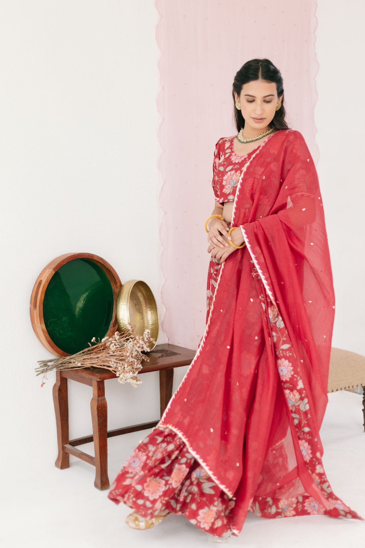 Red Floral print Lehenga with Floral print Blouse and Dupatta - set of 3