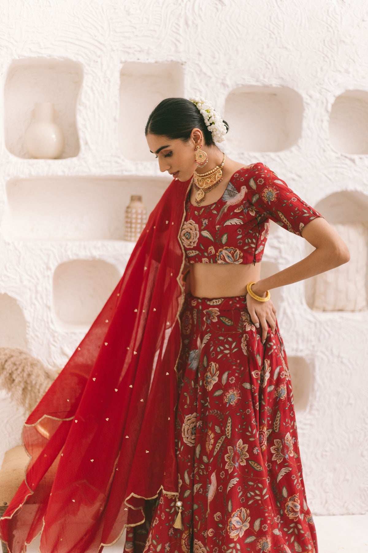 Deep Red Floral print Lehenga with Floral print Blouse and Dupatta - set of 3