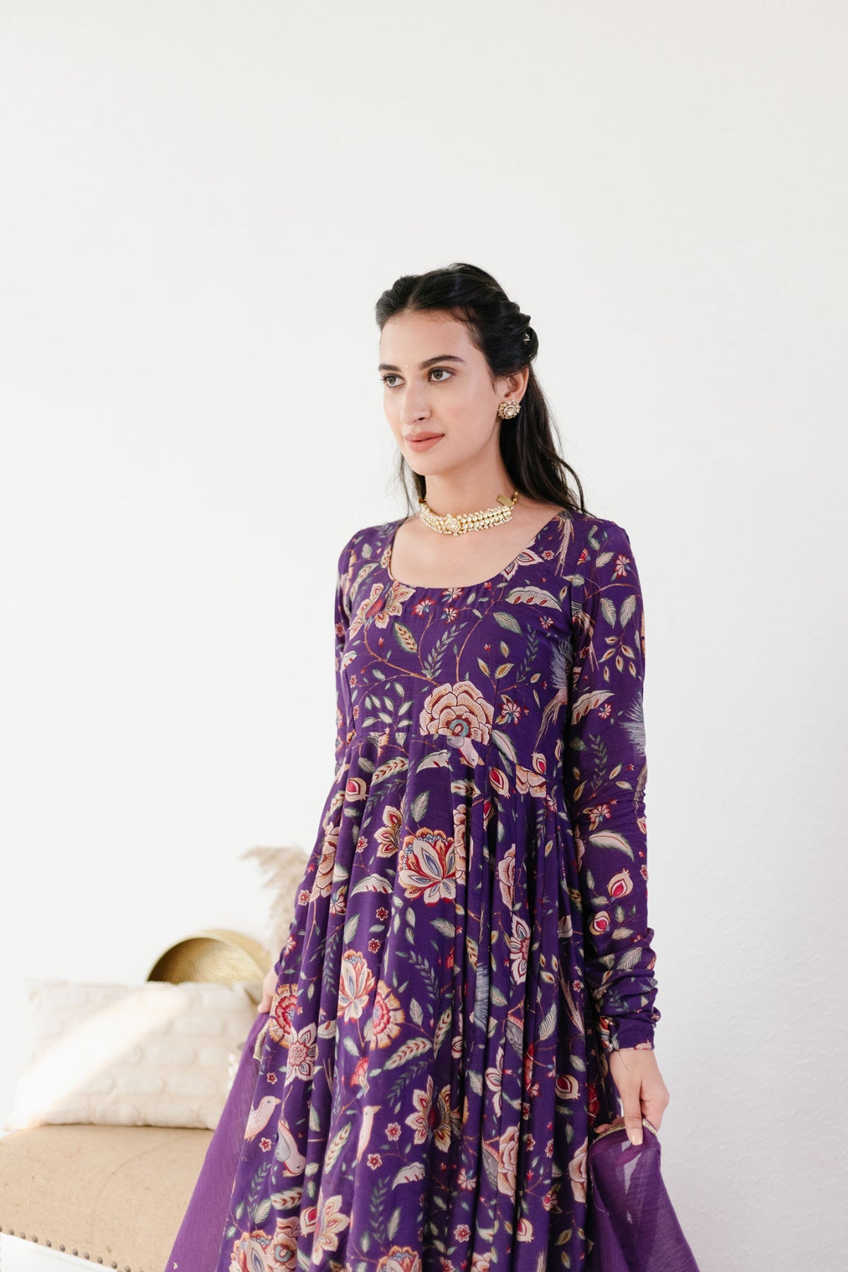 Purple printed Anarkali with Chooridar and Dupatta- set of 3
