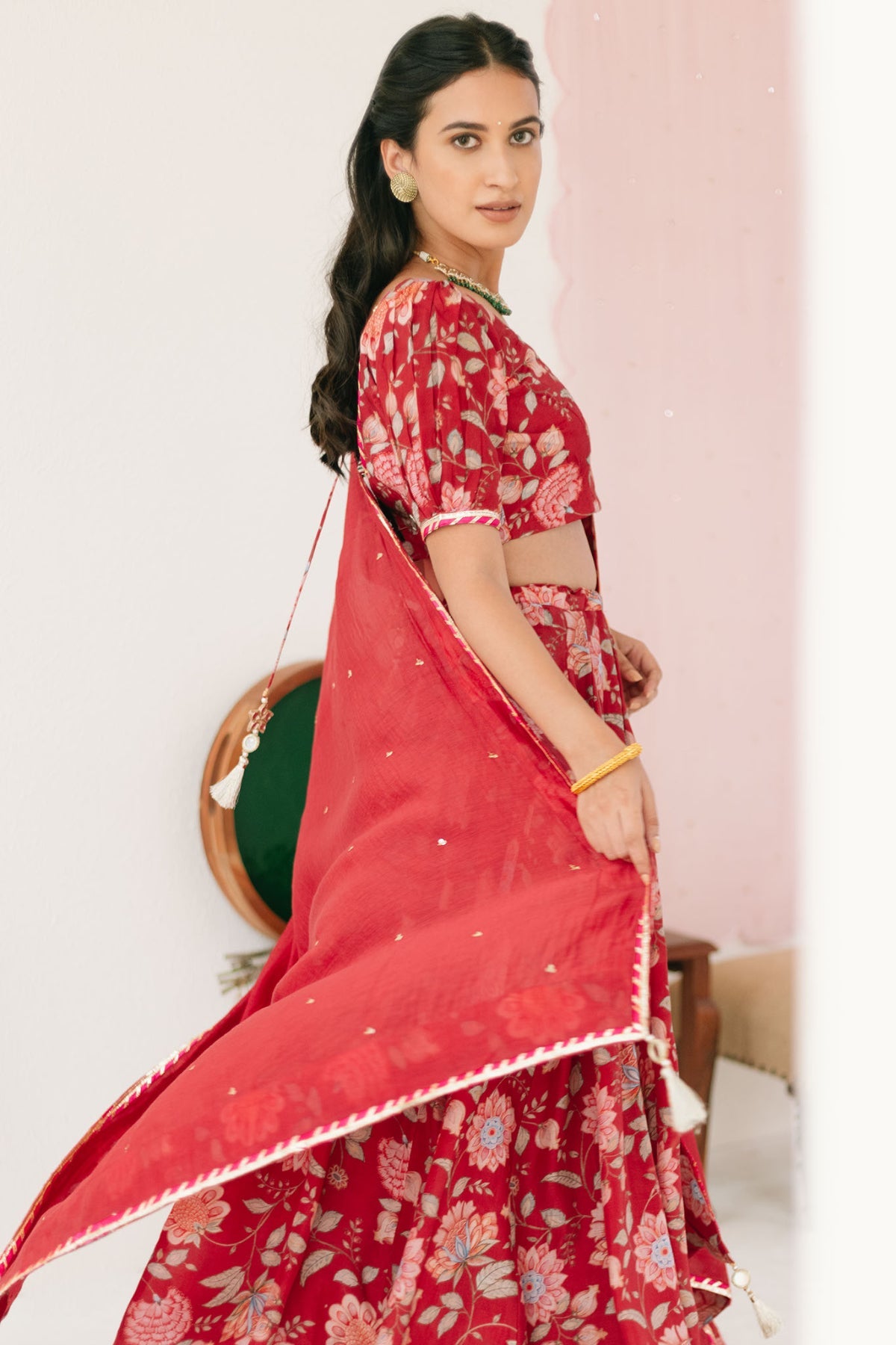 Red Floral print Lehenga with Floral print Blouse and Dupatta - set of 3
