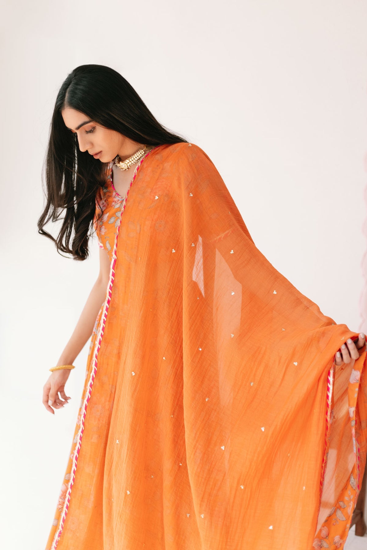 Orange Floral print Lehenga with Floral print Blouse and Dupatta - set of 3