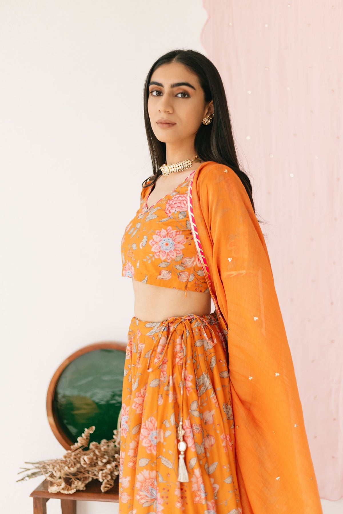 Orange Floral print Lehenga with Floral print Blouse and Dupatta - set of 3