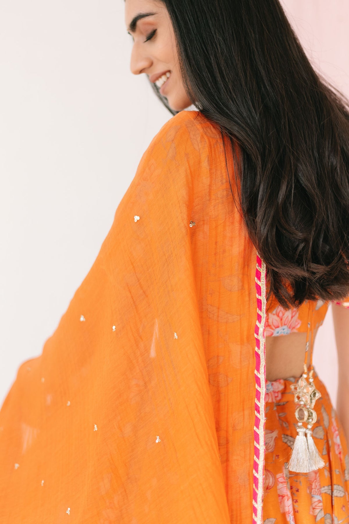 Orange Floral print Lehenga with Floral print Blouse and Dupatta - set of 3