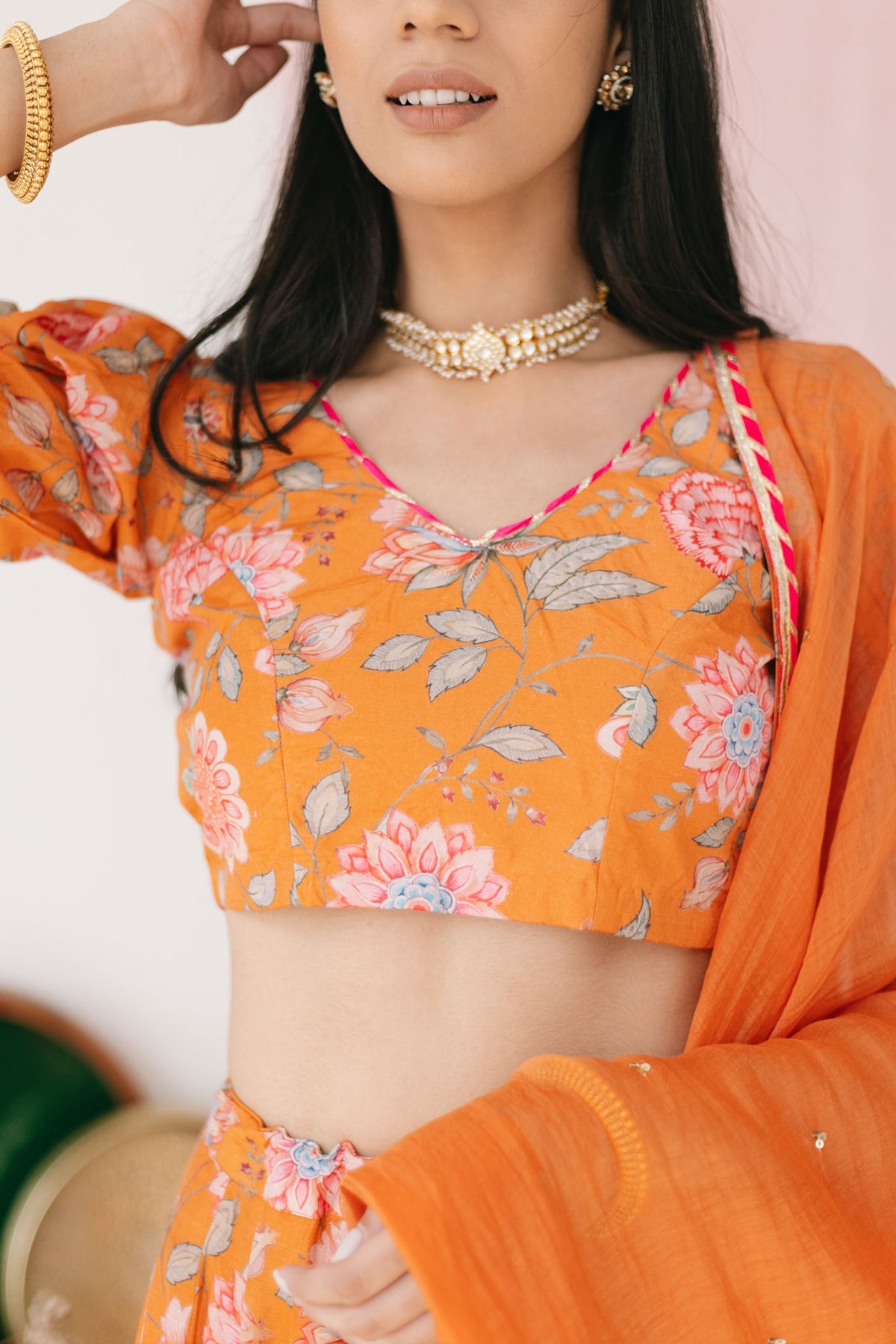 Orange Floral print Lehenga with Floral print Blouse and Dupatta - set of 3