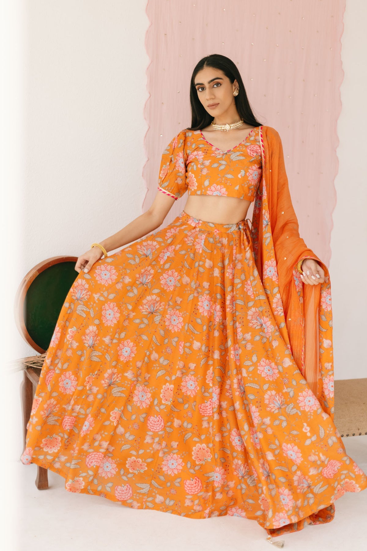 Orange Floral print Lehenga with Floral print Blouse and Dupatta - set of 3