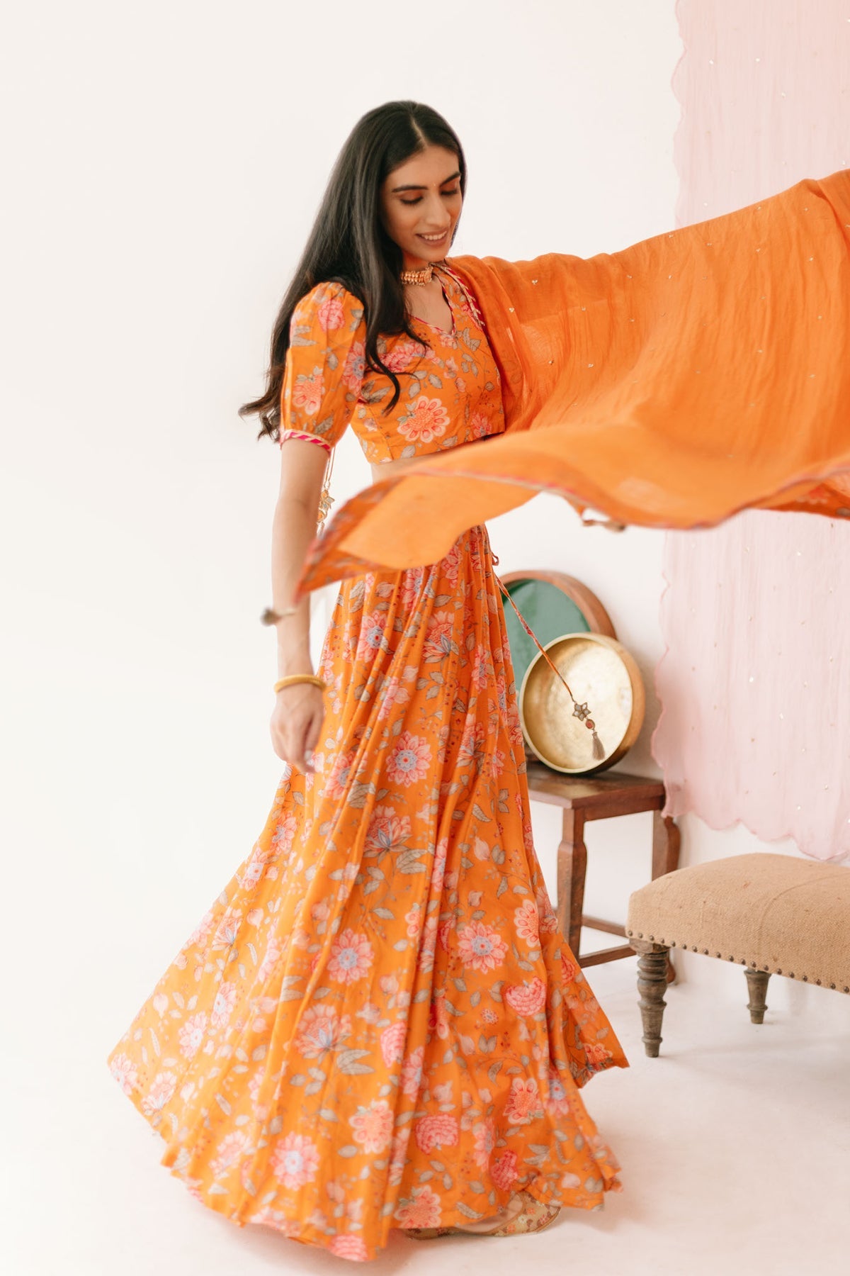 Orange Floral print Lehenga with Floral print Blouse and Dupatta - set of 3