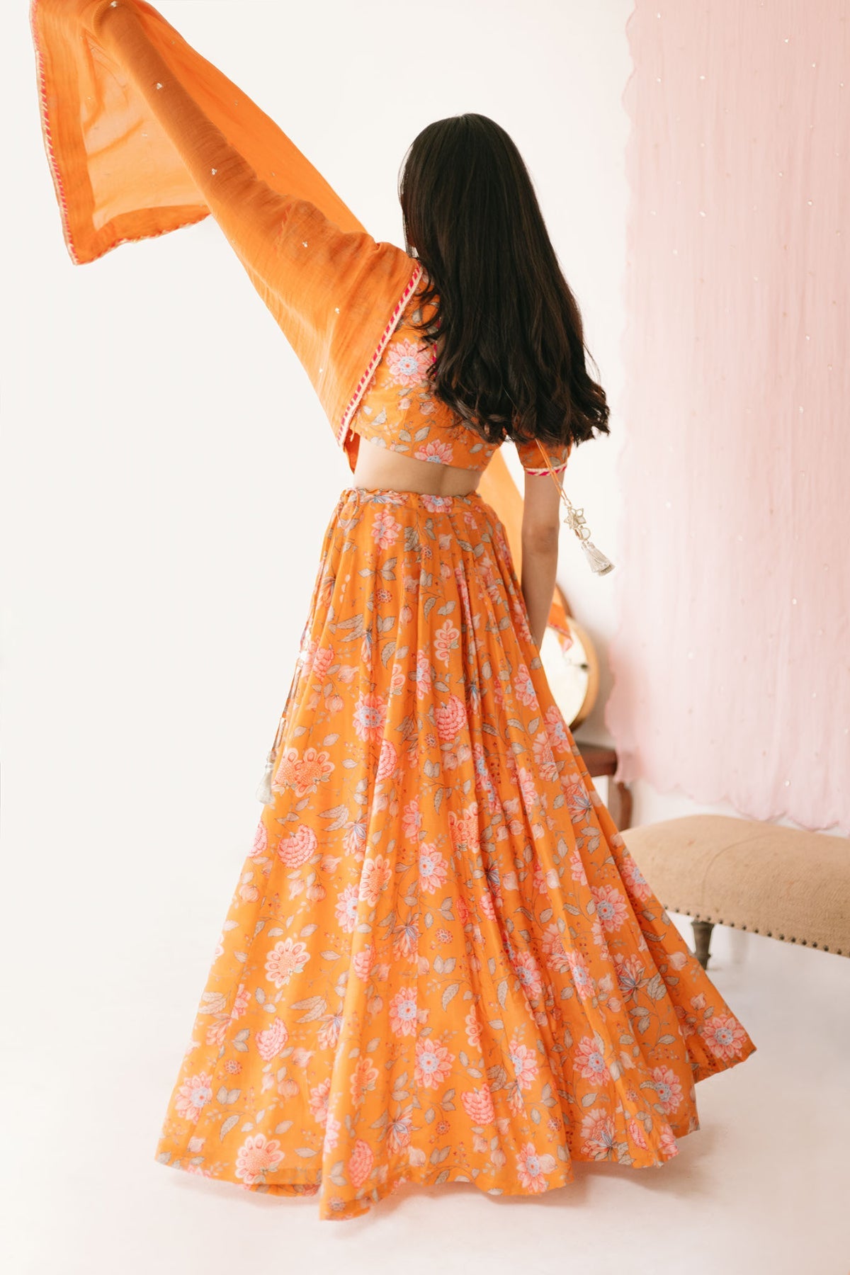 Orange Floral print Lehenga with Floral print Blouse and Dupatta - set of 3