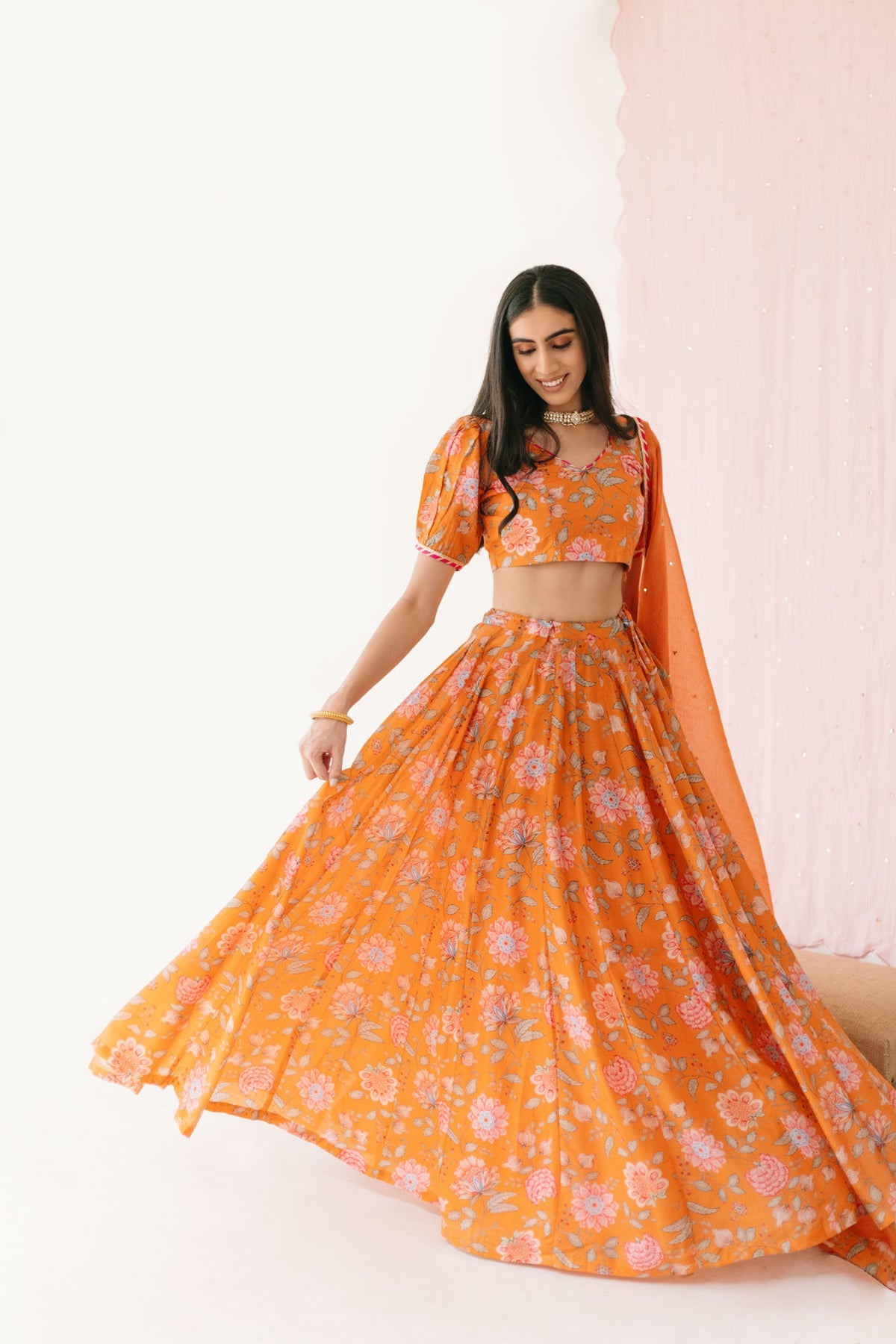 Orange Floral print Lehenga with Floral print Blouse and Dupatta - set of 3