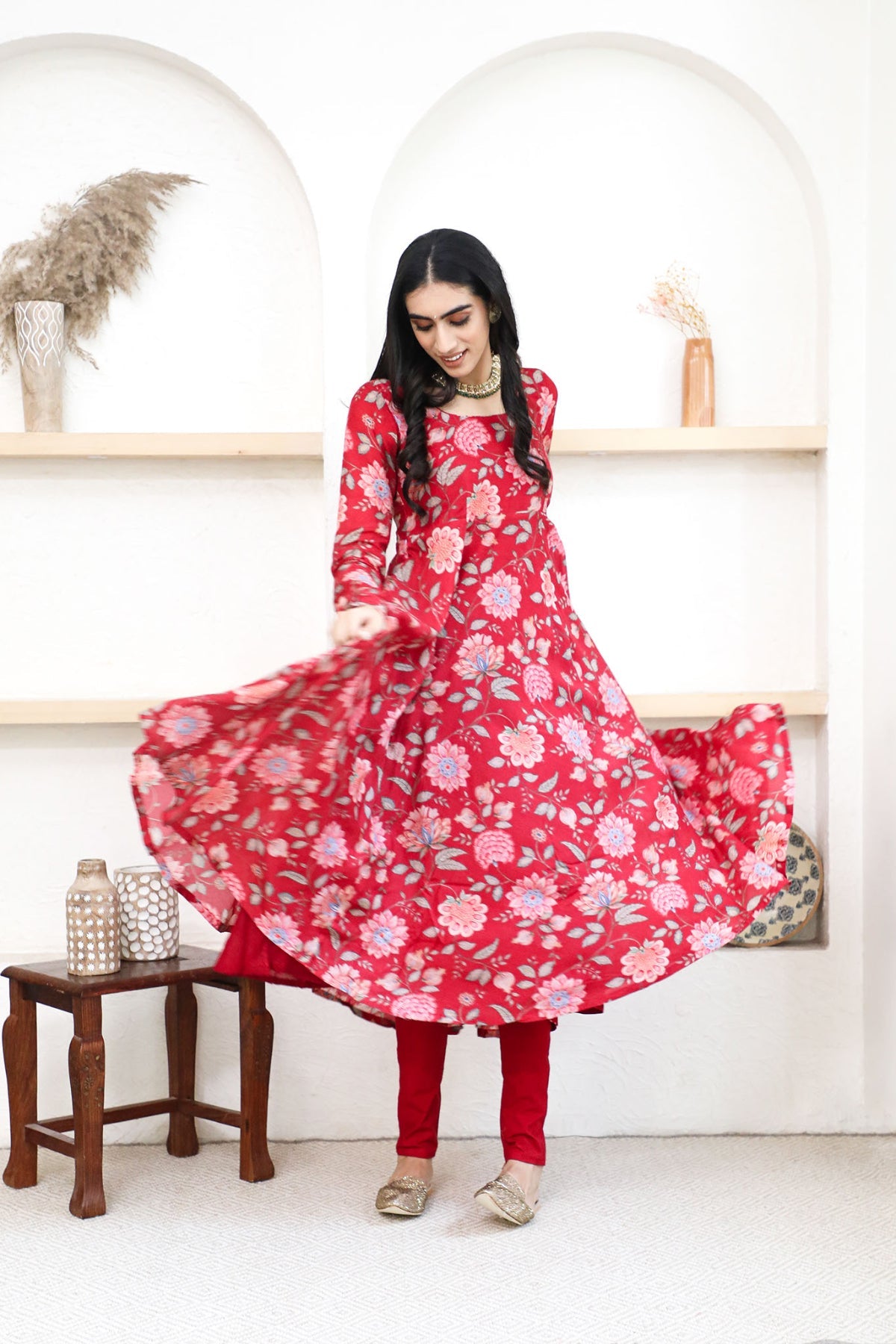 Red printed Anarkali with Chooridar and Dupatta- set of 3