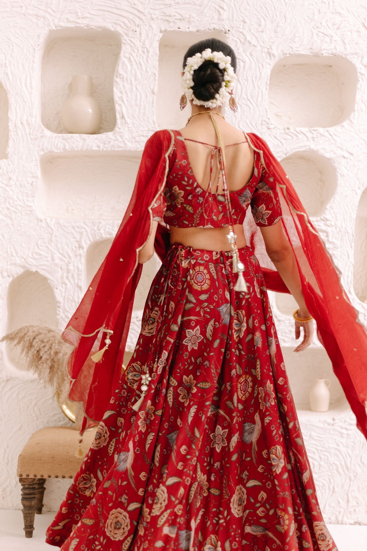 Deep Red Floral print Lehenga with Floral print Blouse and Dupatta - set of 3