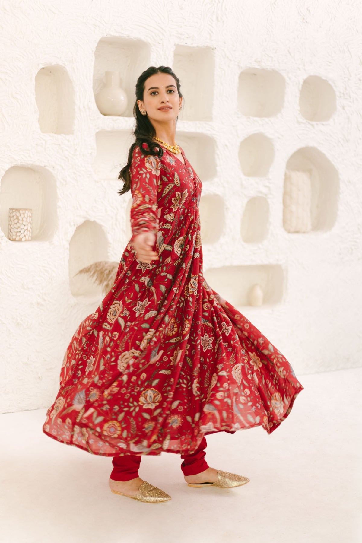 Deep Red printed Anarkali with Chooridar and Dupatta- set of 3